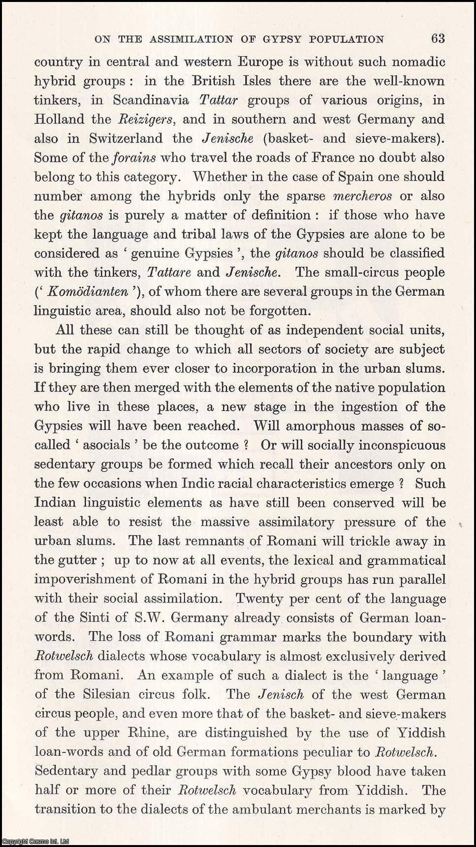 Dr Hermann Arnold - The Assimilation of Gypsy Population and Speech in Central Europe. An uncommon original article from the Journal of the Gypsy Lore Society, 1970.