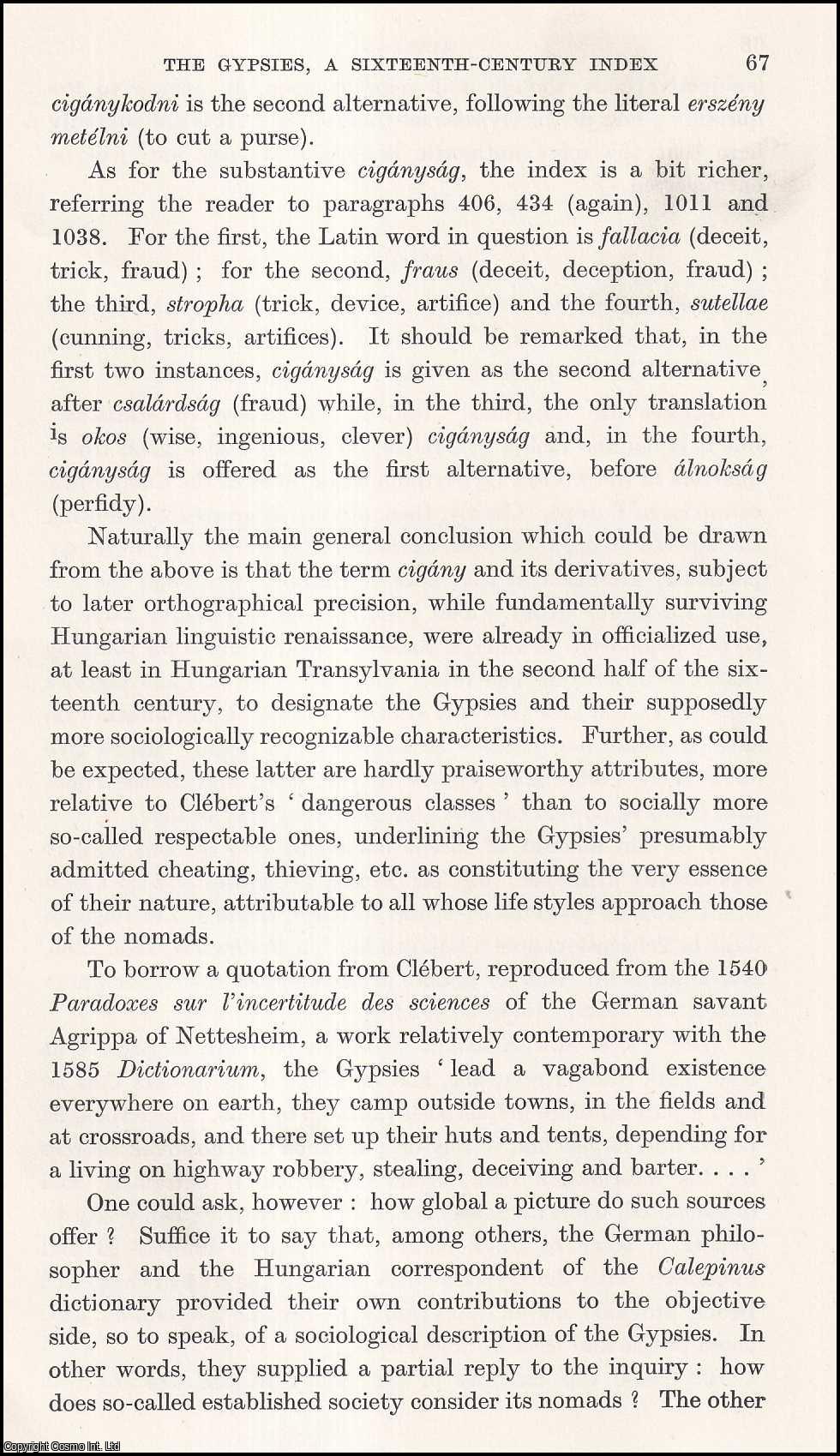 David Lesko - The Gypsies, a Sixteenth-Century Index. An uncommon original article from the Journal of the Gypsy Lore Society, 1970.