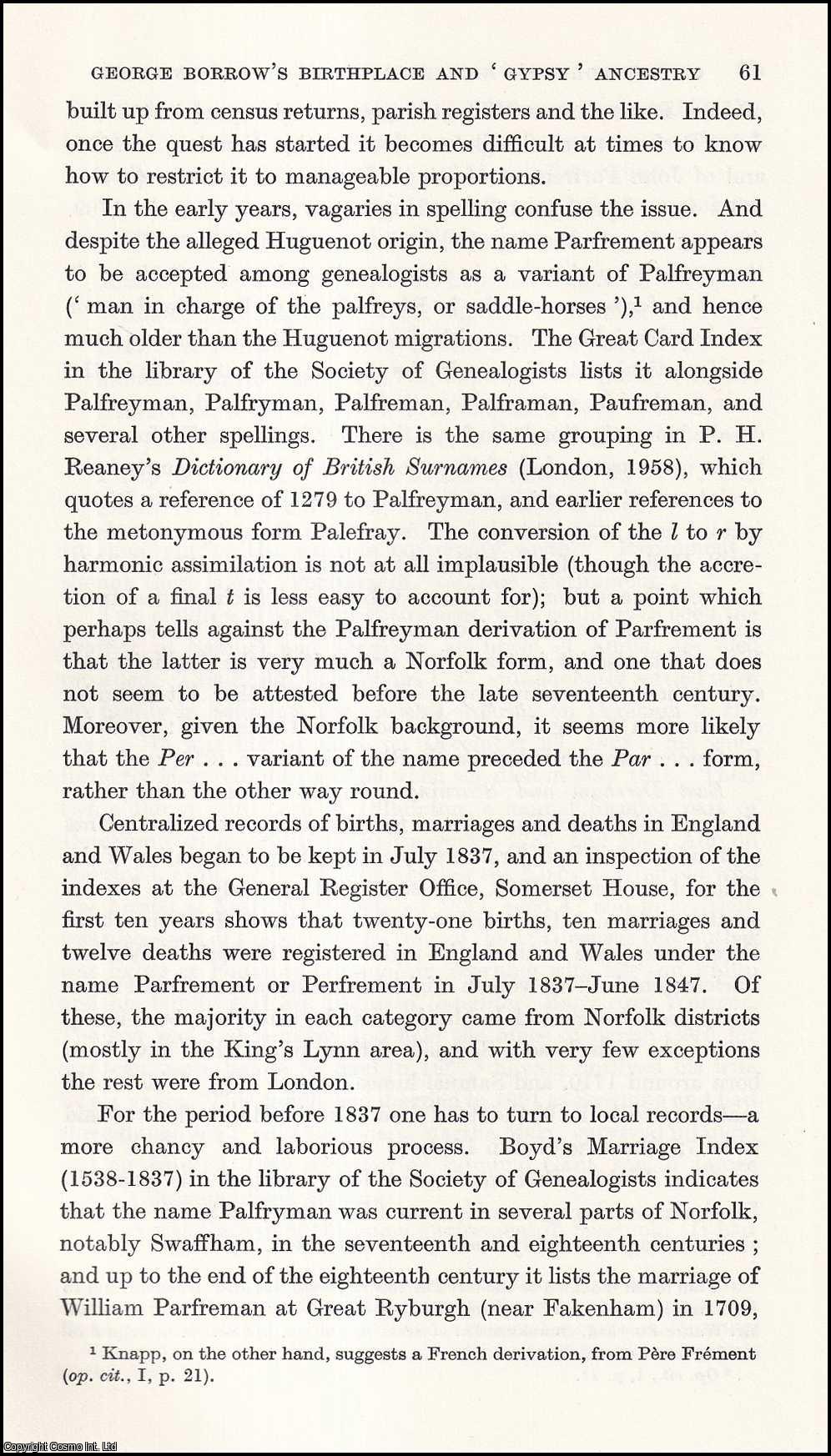 Angus M. Fraser - George Borrow's Birthplace and Gypsy Ancestry. An uncommon original article from the Journal of the Gypsy Lore Society, 1972.