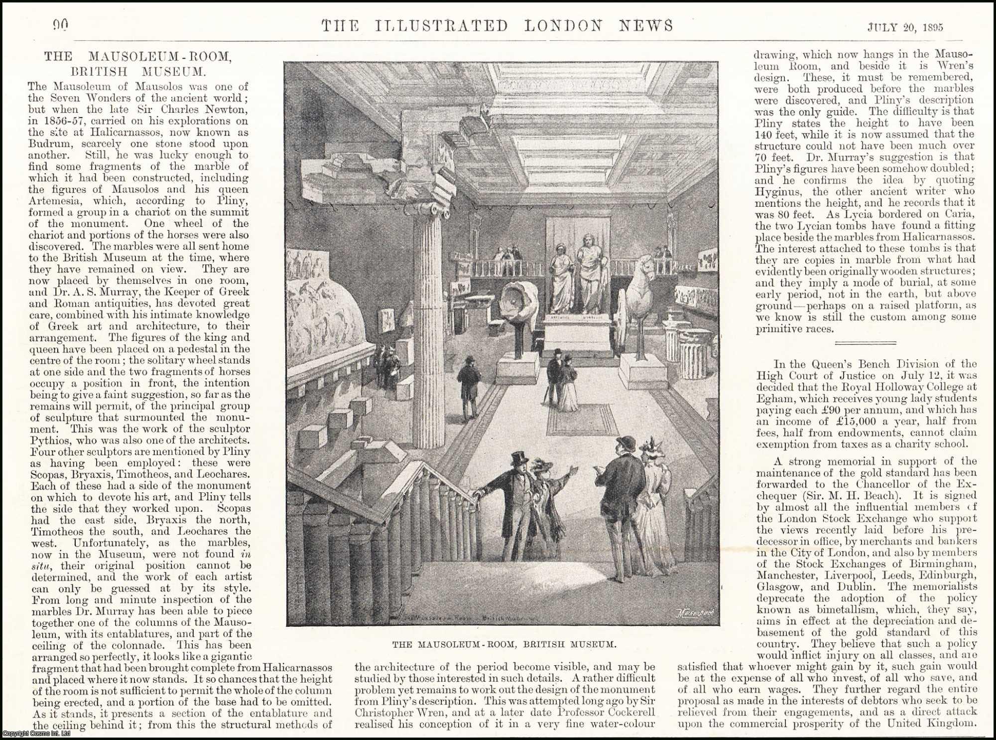 BRITISH MUSEUM - The Mausoleum-Room at the British Museum; Sir Charles Newton and the disinterment of the Mausoleum of Halicarnassos. An original print from the Illustrated London News, 1895.