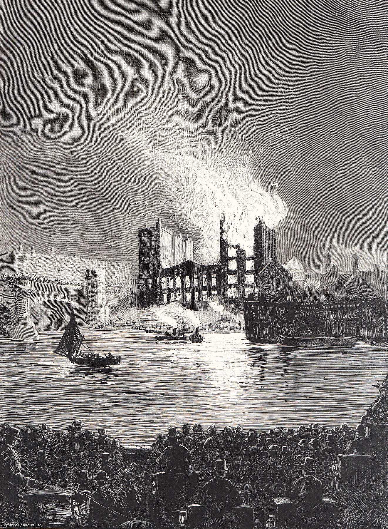 LONDON - The Great Fire at Hanbury's Wharf, Blackfriars, London, August 24th, 1895. An original print from the Illustrated London News, 1895.