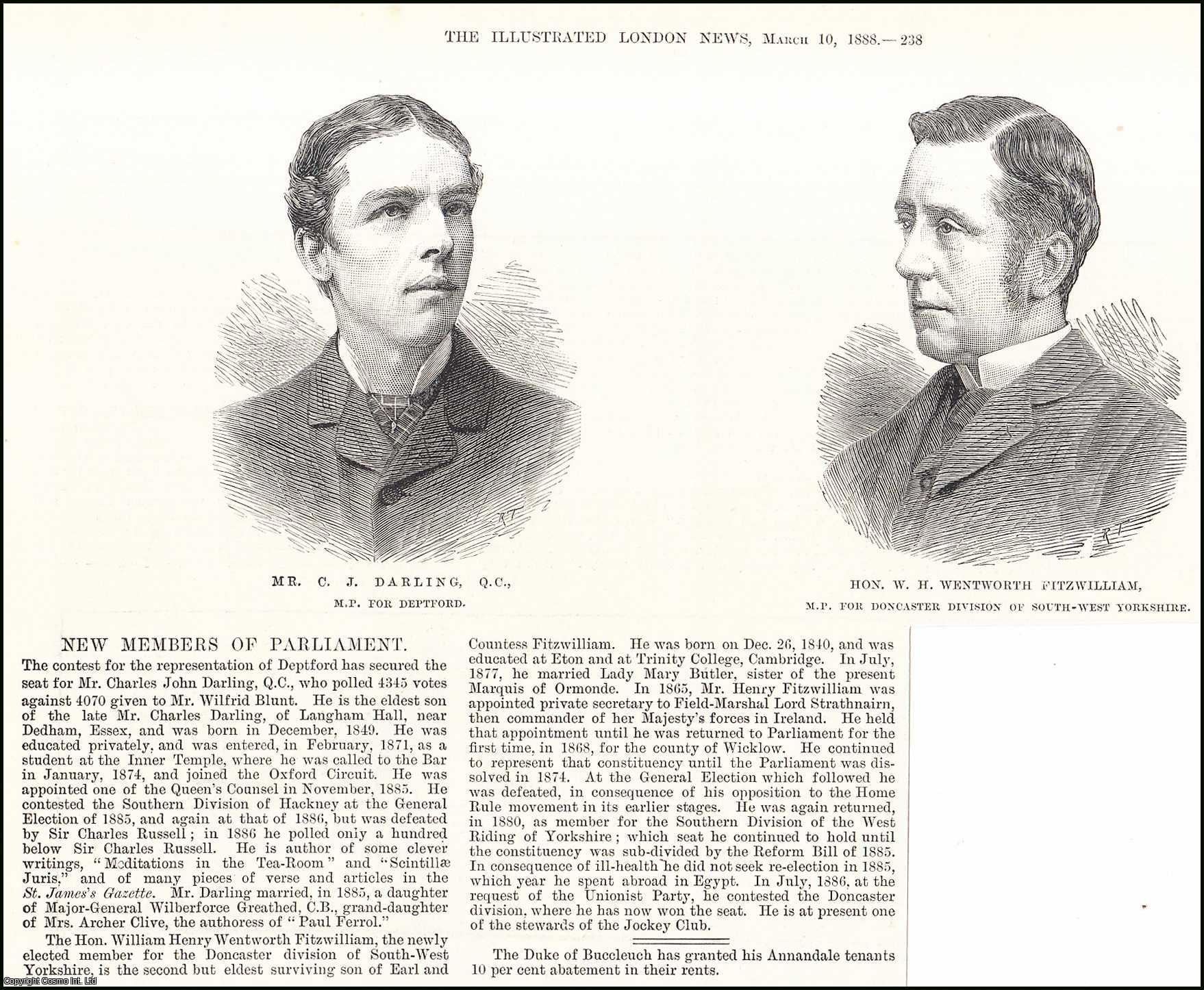 POLITICS - New Members of Parliament: Representing Deptford and Doncaster; Mr C.J. Darling and Hon. W.H. Wentworth Fitzwilliam. An original print from the Illustrated London News, 1888.