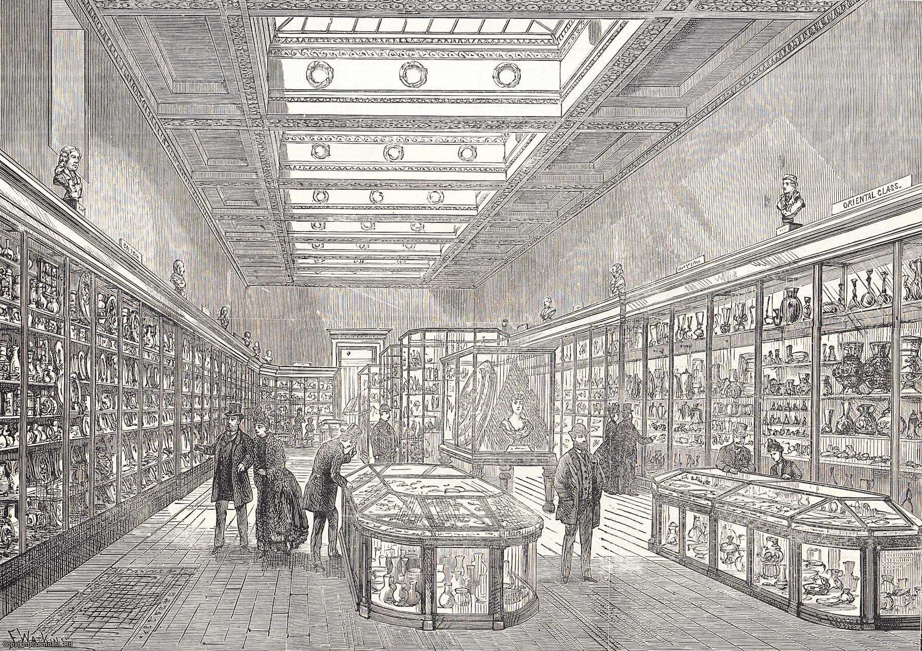 LONDON - The New Glass and Ceramic Gallery of the British Museum. An original print from the Illustrated London News, 1888.