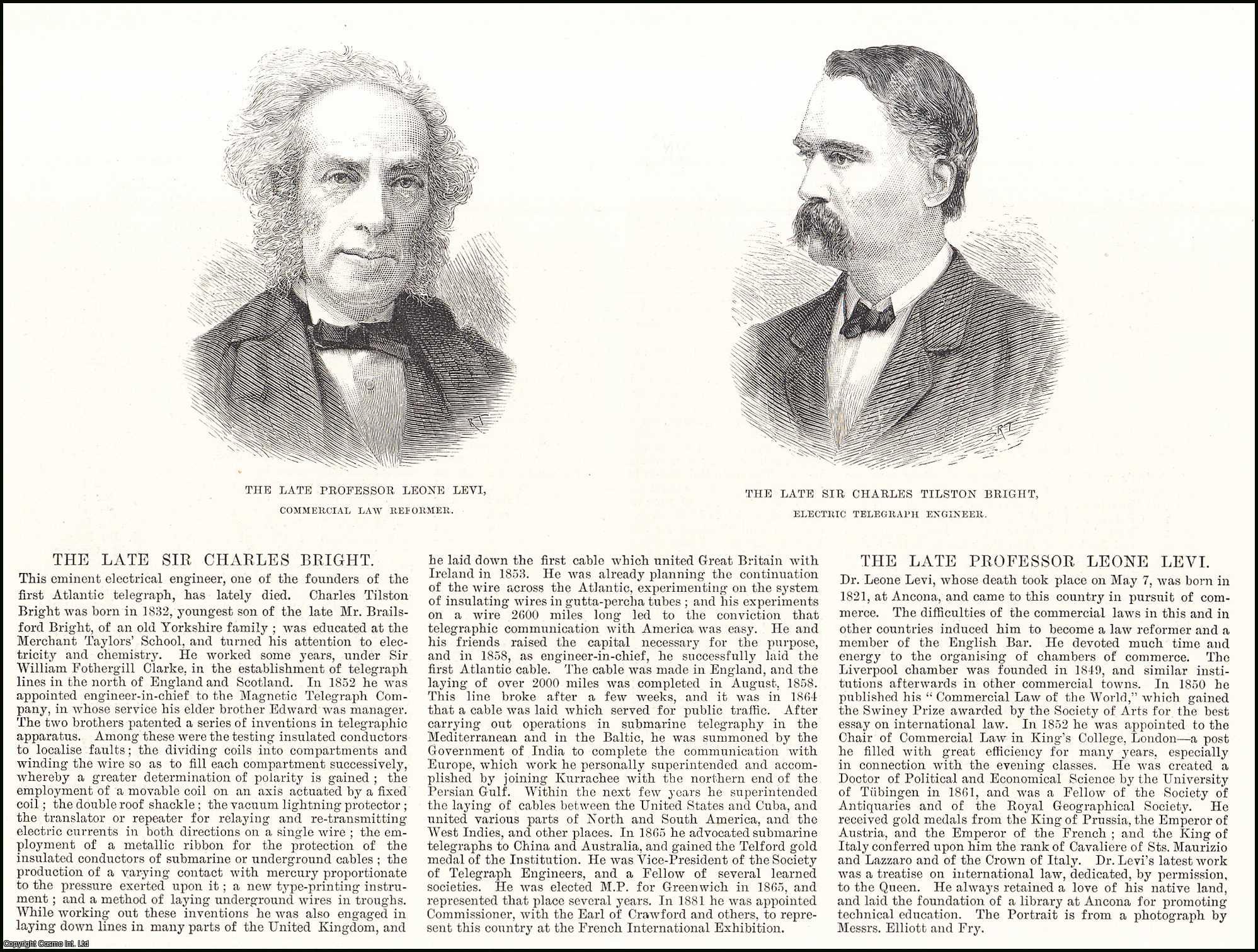 OBITUARY - Obituaries: Sir Charles Tilston Bright, Electric Telegraph Engineer and Professor Leone Levi, Commercial Law Reformer. An original print from the Illustrated London News, 1888.