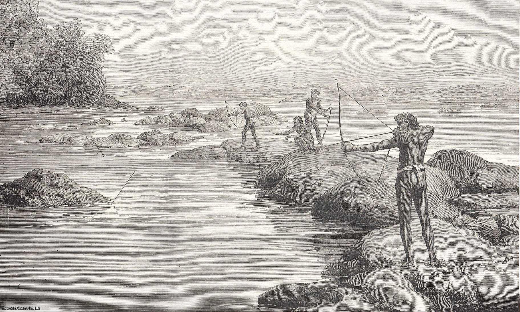 FISHING - Across Two Oceans: Shooting Stingray fish on the Berbice River, South America. An original print from the Illustrated London News, 1888.