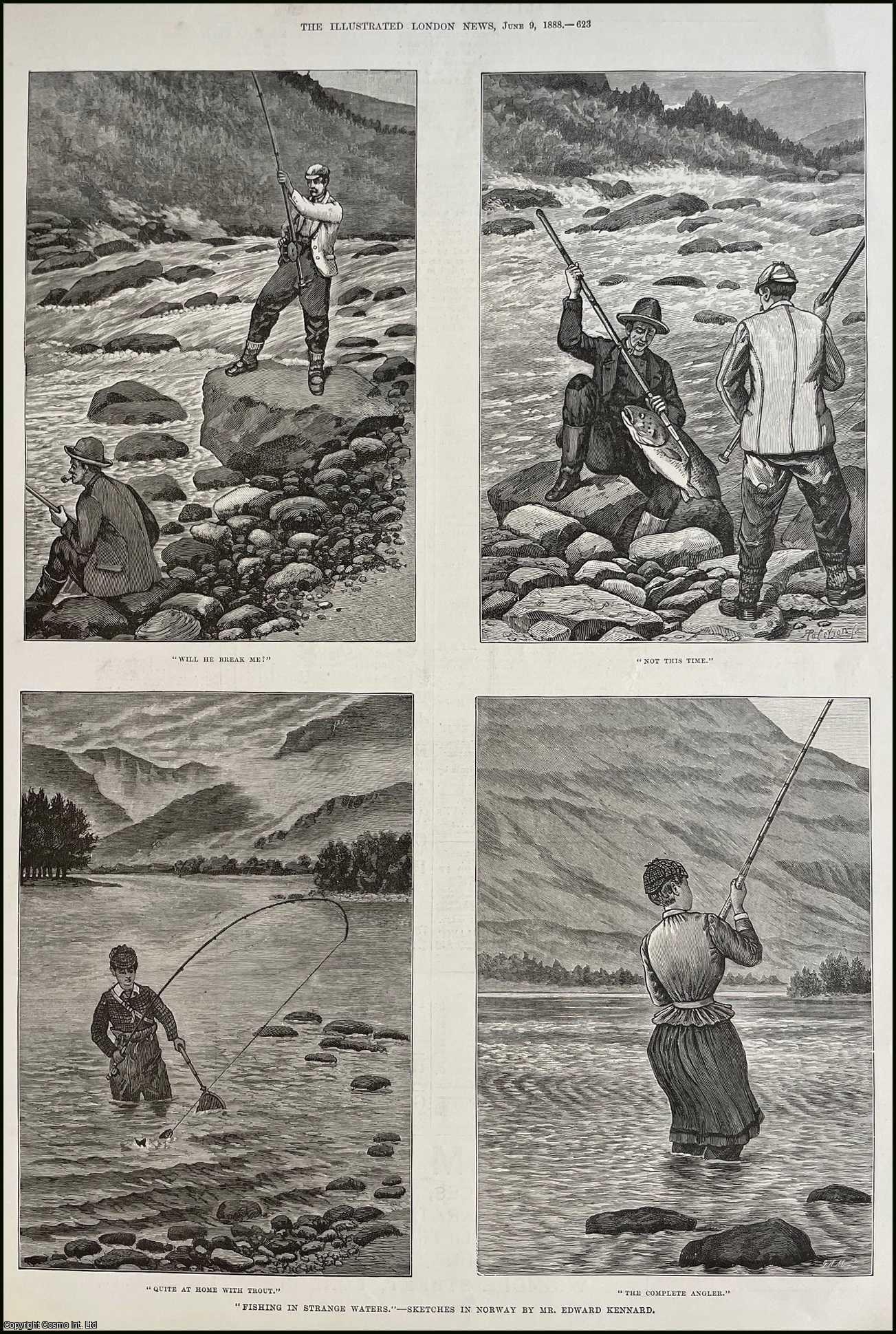 FISHING - Fishing in Strange Waters', Sketches in Norway by Mr Edward Kennard. An original print from the Illustrated London News, 1888.