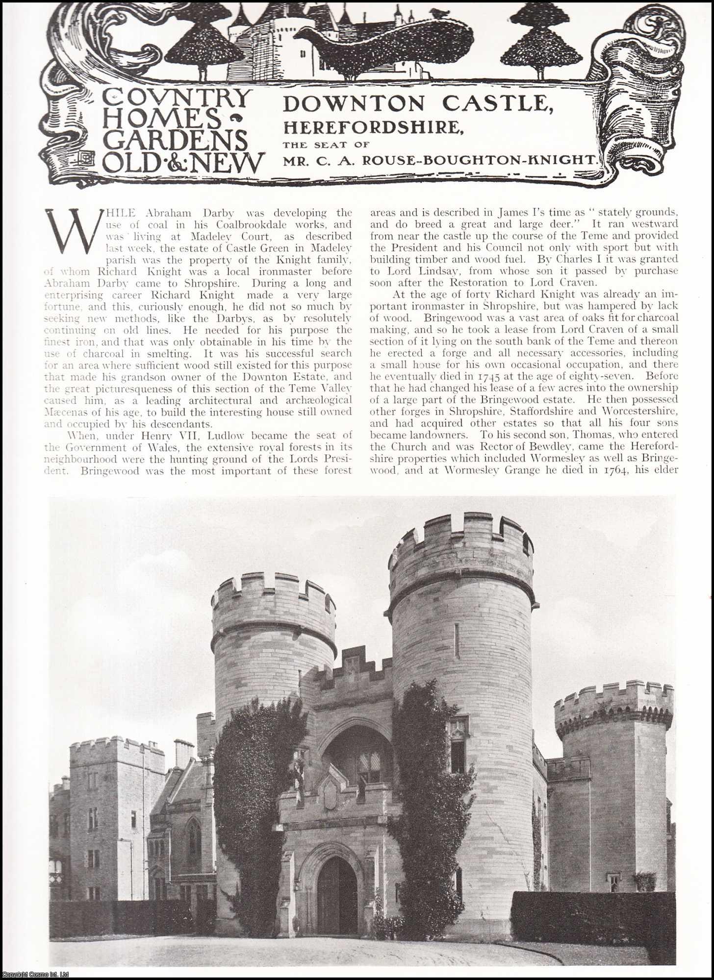 Country Life Magazine - Downton Castle, Herefordshire. The Seat of Mr. C.A. Rouse-Boughton-Knight. Several pictures and accompanying text, removed from an original issue of Country Life Magazine, 1917.