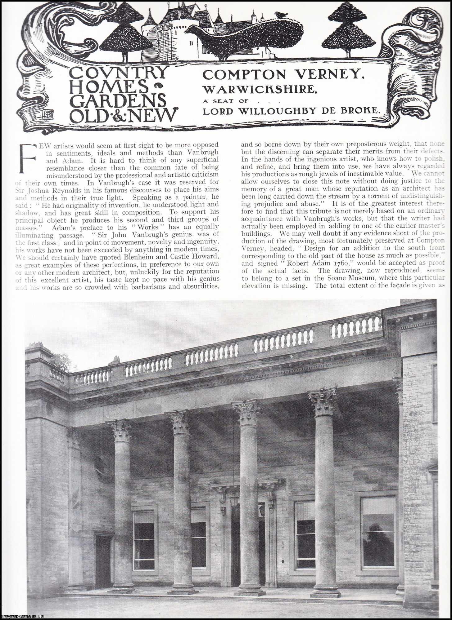Country Life Magazine - Compton Verney, Warwickshire. A Seat of Lord Willoughby De Broke. Several pictures and accompanying text, removed from an original issue of Country Life Magazine, 1913.