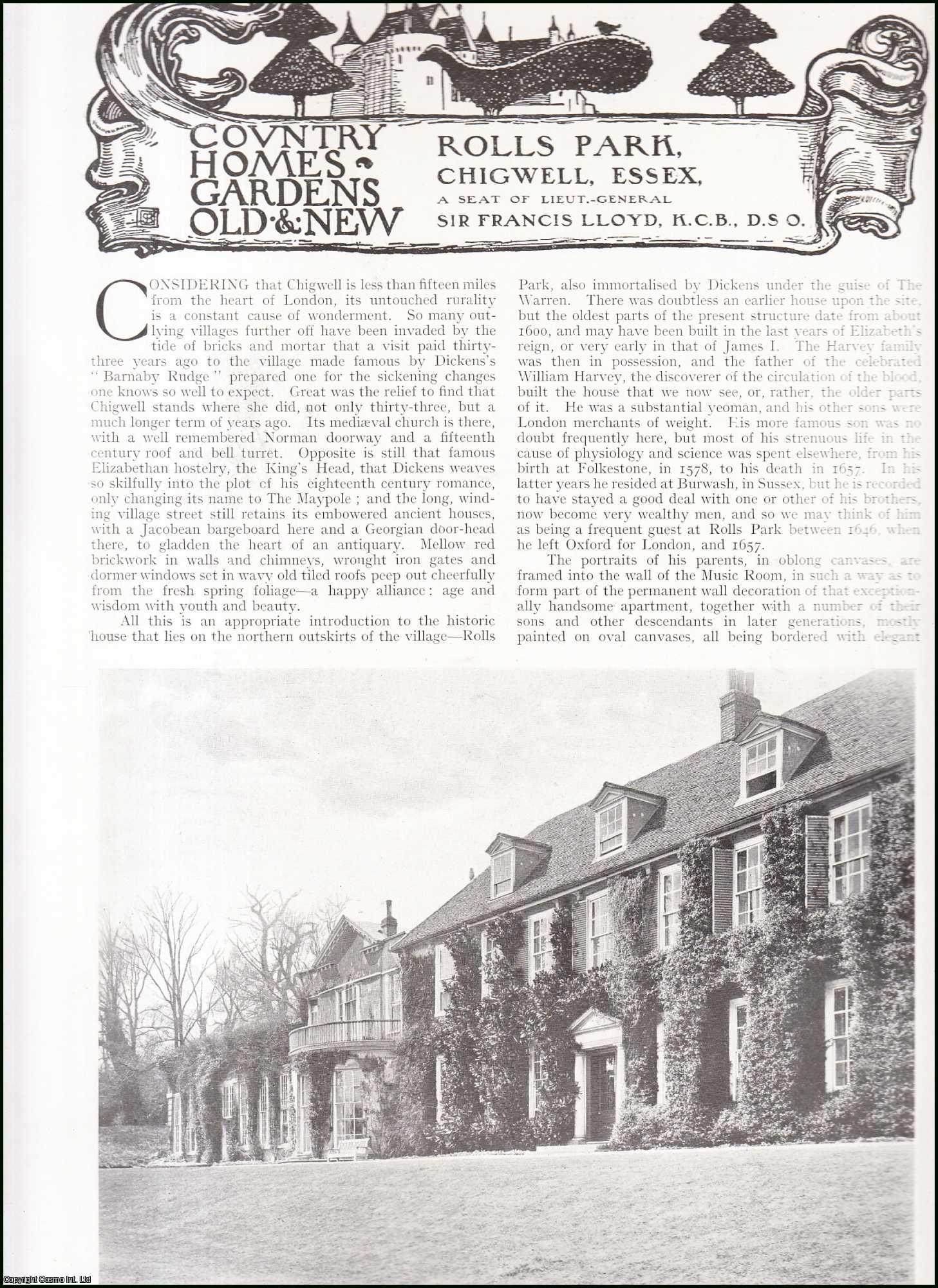 Country Life Magazine - Rolls Park, Chigwell, Essex. A Seat of Lieut.-General Sir Francis Lloyd, K.C.B., D.S.O. Several pictures and accompanying text, removed from an original issue of Country Life Magazine, 1918.