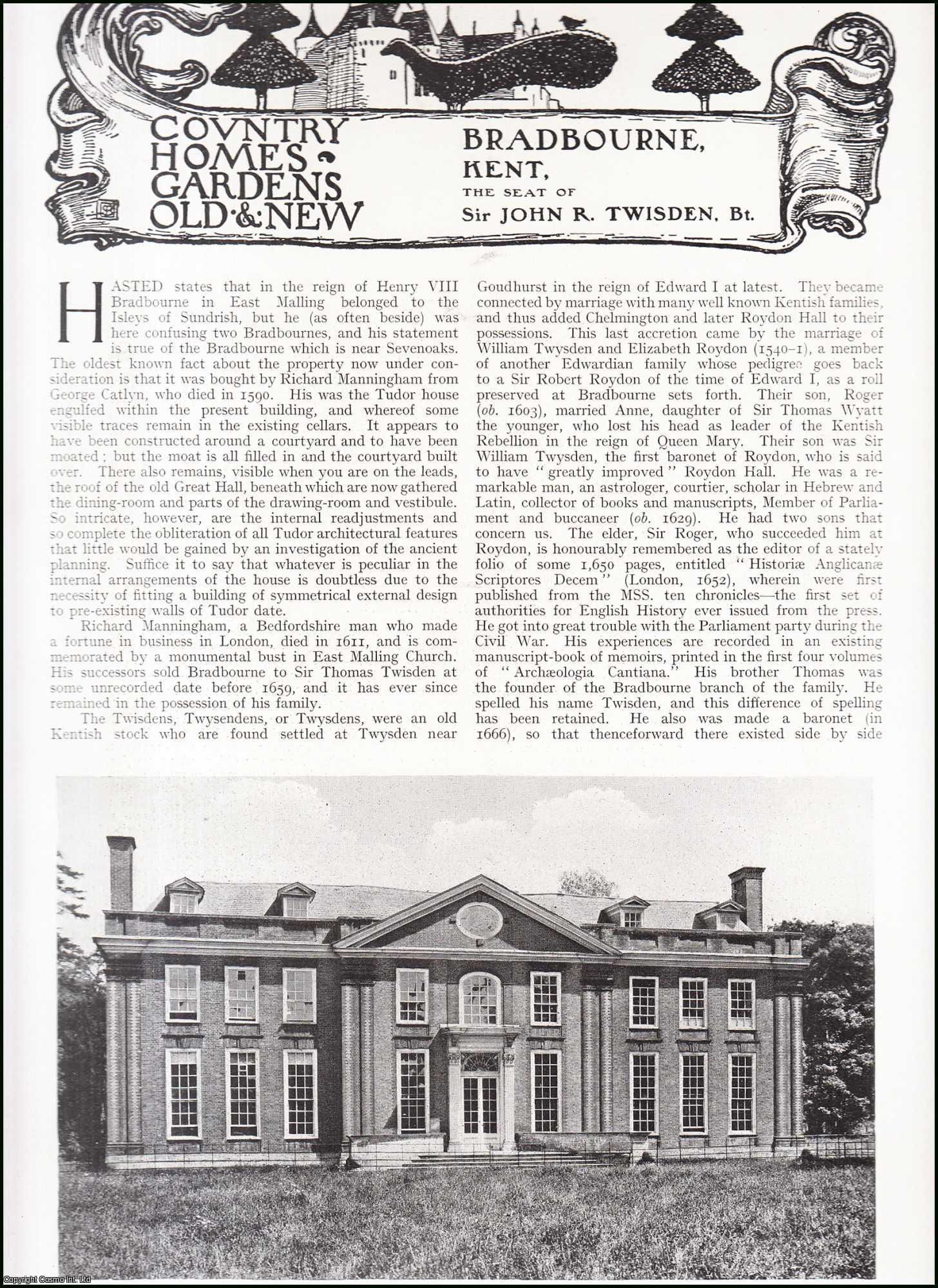 Country Life Magazine - Bradbourne, Kent. The Seat of Sir John R. Twisden, Bart. Several pictures and accompanying text, removed from an original issue of Country Life Magazine, 1918.