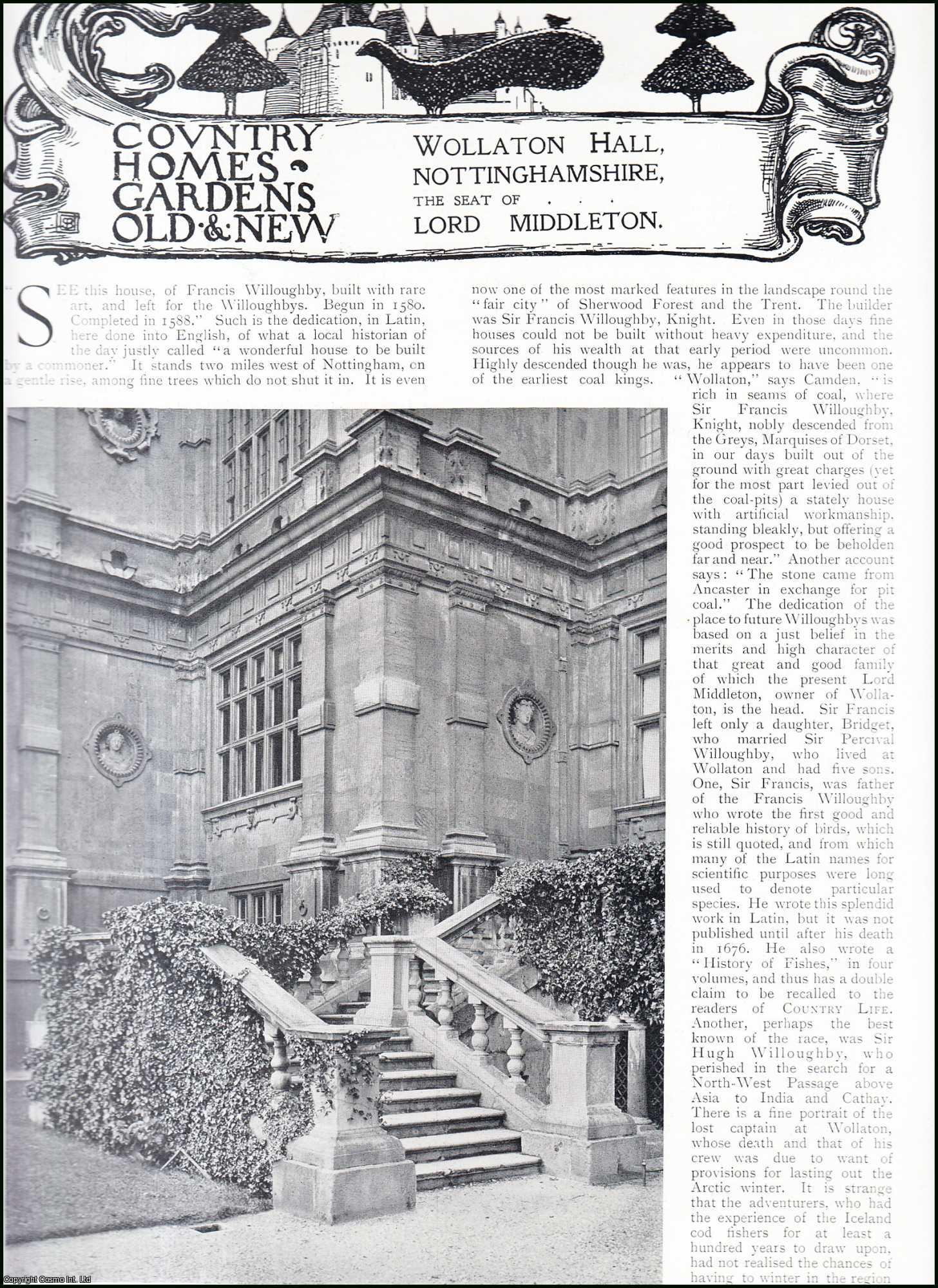 Country Life Magazine - Wollaton Hall, Nottinghamshire. The Seat of Lord Middleton. Several pictures and accompanying text, removed from an original issue of Country Life Magazine, 1900.