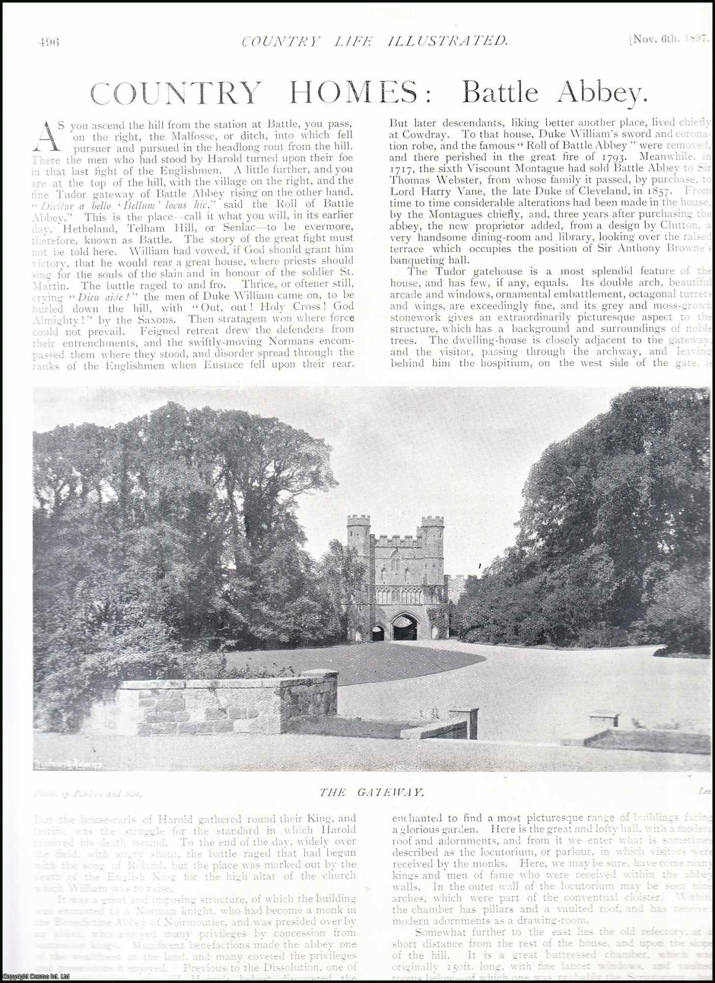 Country Life Magazine - Battle Abbey, East Sussex. Several pictures and accompanying text, removed from an original issue of Country Life Magazine, 1897.