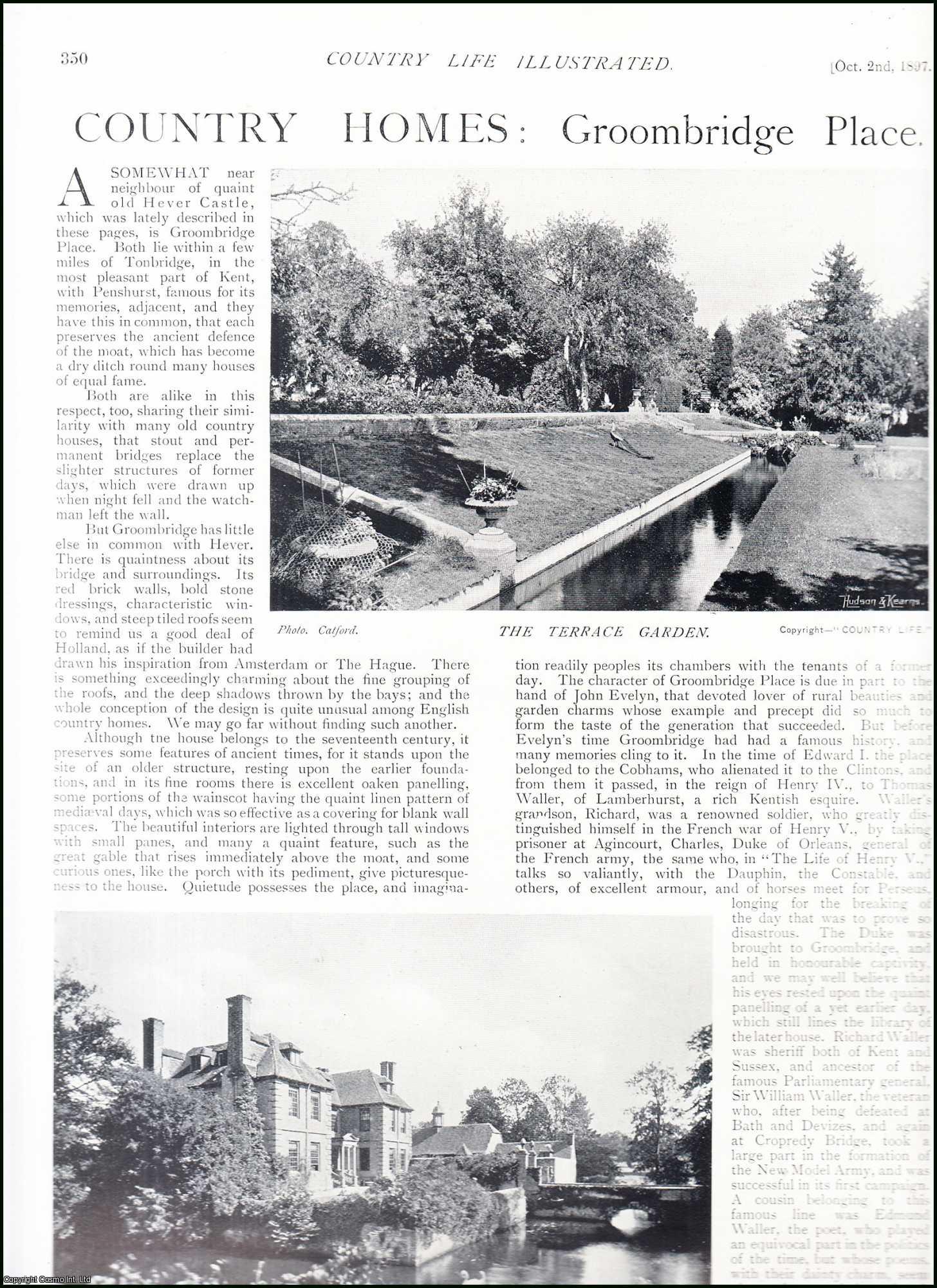 Country Life Magazine - Groombridge Place, Tonbridge, Kent. Several pictures and accompanying text, removed from an original issue of Country Life Magazine, 1897.
