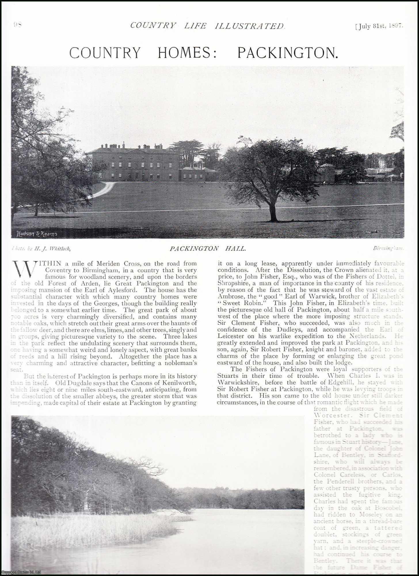 Country Life Magazine - Packington Hall, Warwickshire. Several pictures and accompanying text, removed from an original issue of Country Life Magazine, 1897.