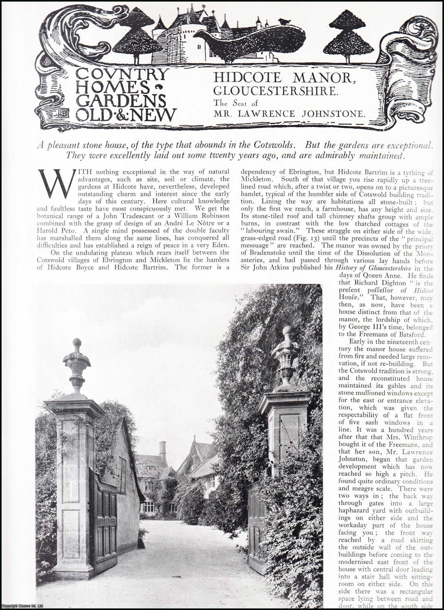 Country Life Magazine - Hidcote Manor, Gloucestershire. The Seat of Mr. Lawrence Johnstone. Several pictures and accompanying text, removed from an original issue of Country Life Magazine, 1930.