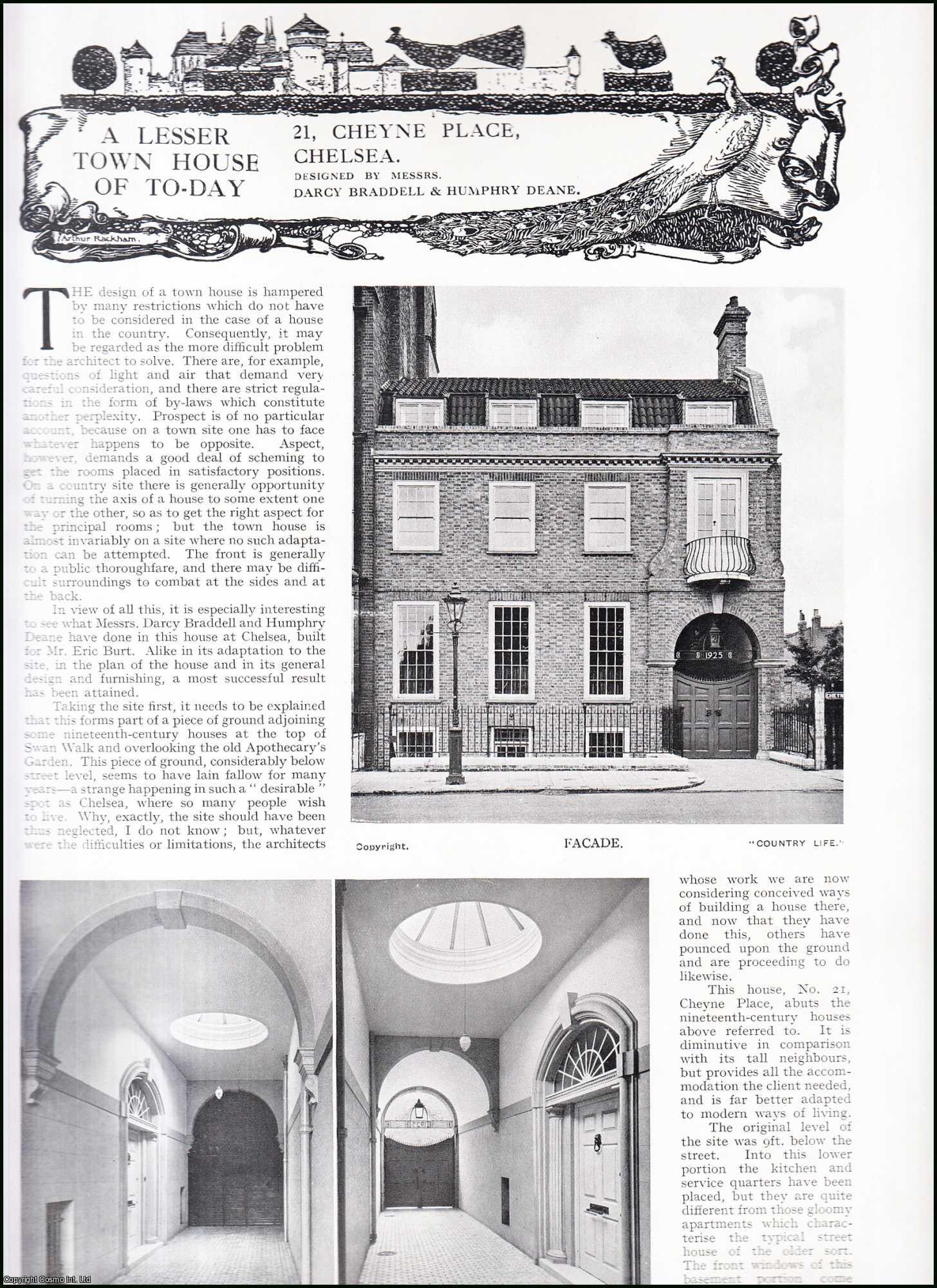 Country Life Magazine - 21 Cheyne Place, Chelsea. Designed by Messrs. Darcy Braddell & Humphry Deane. 6 Belgrave Place, Croftway Hamstead, and Chester House Clarendon Place. Several pictures and accompanying text, removed from an original issue of Country Life Magazine, 1917.