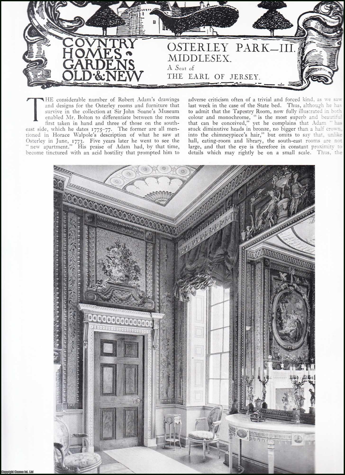 Country Life Magazine - Osterley Park, Middlesex (Part 3). A Seat of The Earl of Jersey. Several pictures and accompanying text, removed from an original issue of Country Life Magazine, 1926.