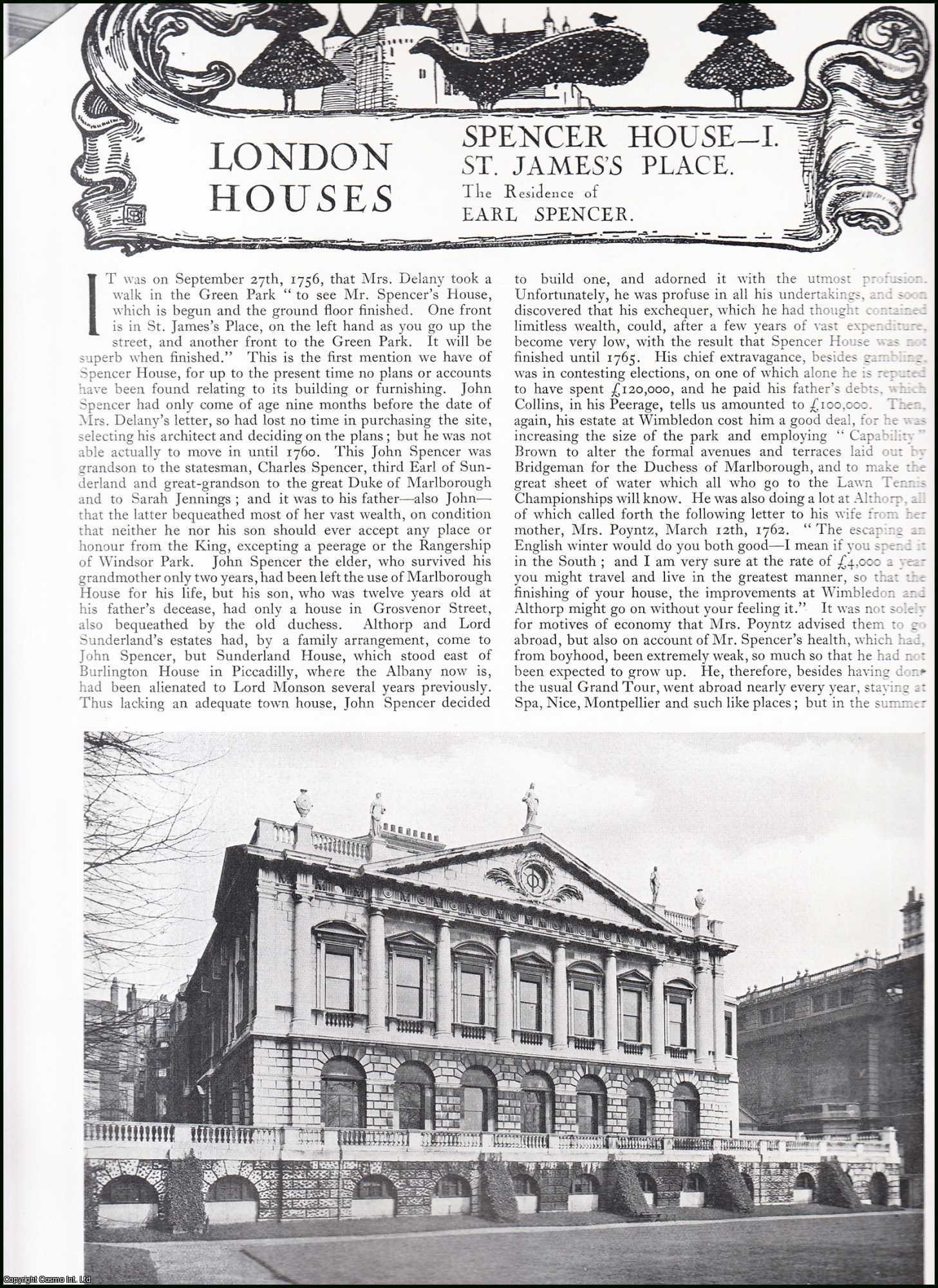 London Houses - Spencer House, (Part 1) St. James' Place. Several pictures and accompanying text, removed from an original issue of Country Life Magazine, 1926.