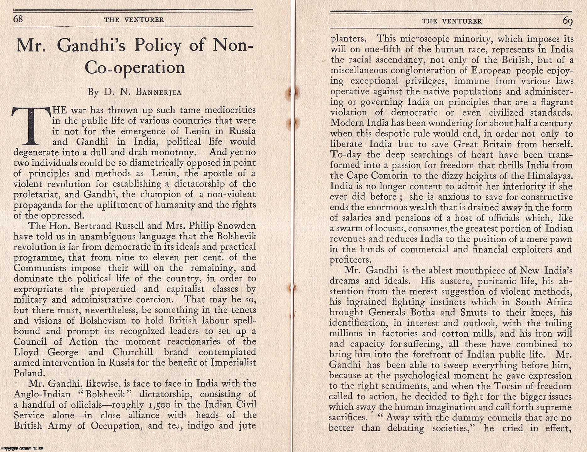 D.N. Bannerjea - Mr Ghandi's Policy of Non-Co-operation. An original article from The Venturer, a Journal of Social and World Fellowship, 1920.