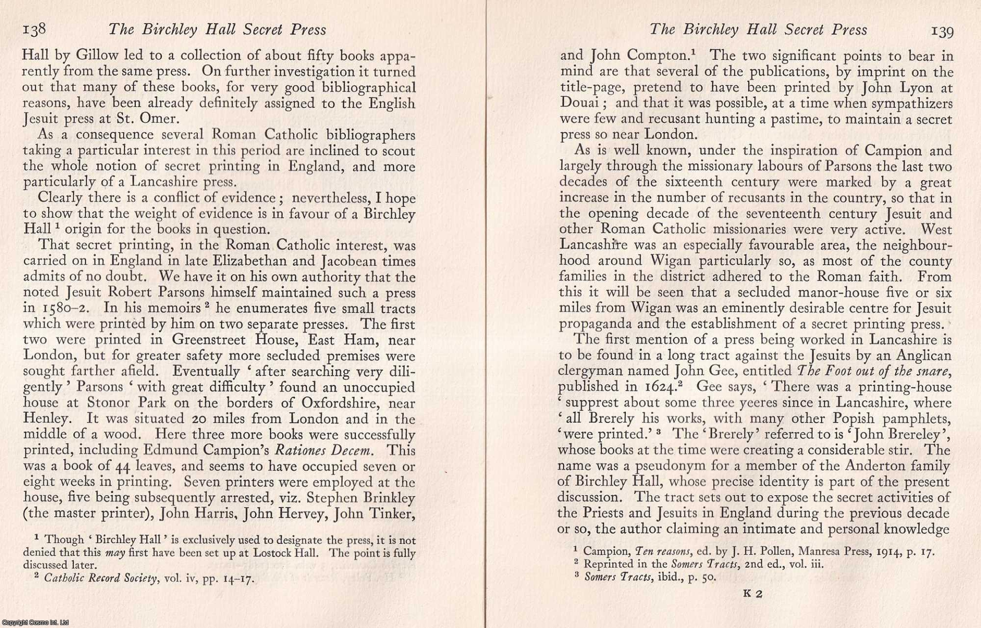 Arthur J. Hawkes - The Birchley Hall Secret Roman Catholic Press. An original article from the Library, a Quarterly Review of Bibliography, 1927.