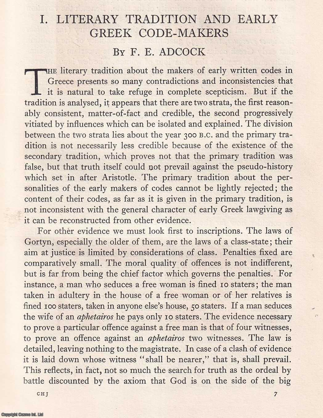 F.E. Adcock - Literary Tradition and Early Greek Code-Makers. An original article from the Cambridge Historical Journal, 1930.