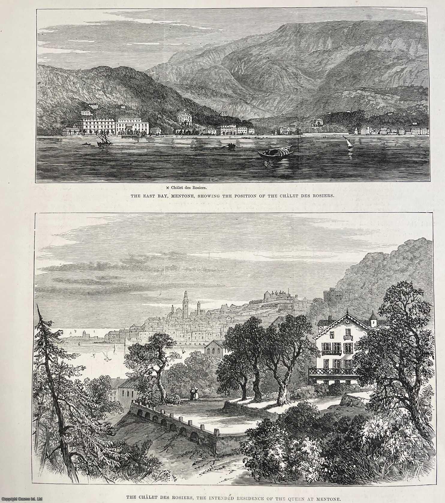 FRANCE - East Bay and the Chalet des Rosiers at Mentone, France. An original print from the Illustrated London News, 1882.