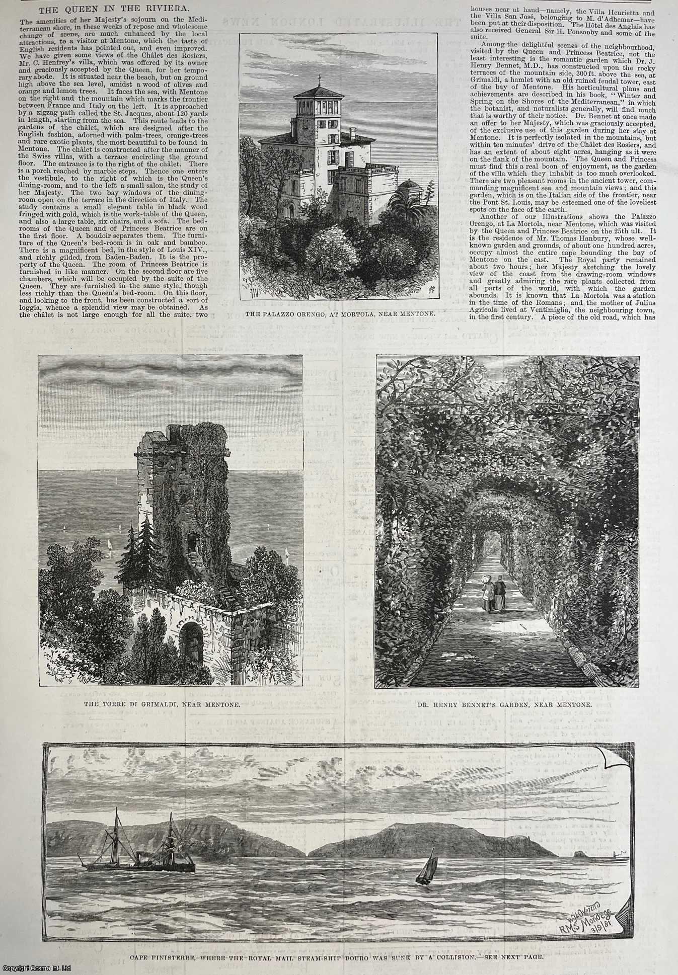 FRANCE - Queen Victoria in the Riviera: Scenes near Mentone, France. An original print from the Illustrated London News, 1882.