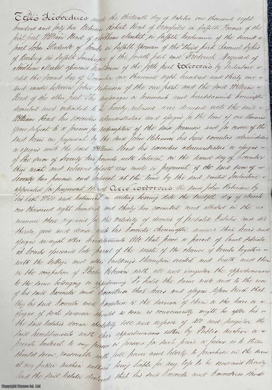 1842 Conveyance - Combs, Suffolk. Copy of Conveyance of houses, land and hereditaments at Combs, Suffolk from Mr Robert Read to Mr John Gladwell, dated 13th October 1842. Six handwritten sheets 32.5 x 41.5 cms, tagged in the left hand corner.