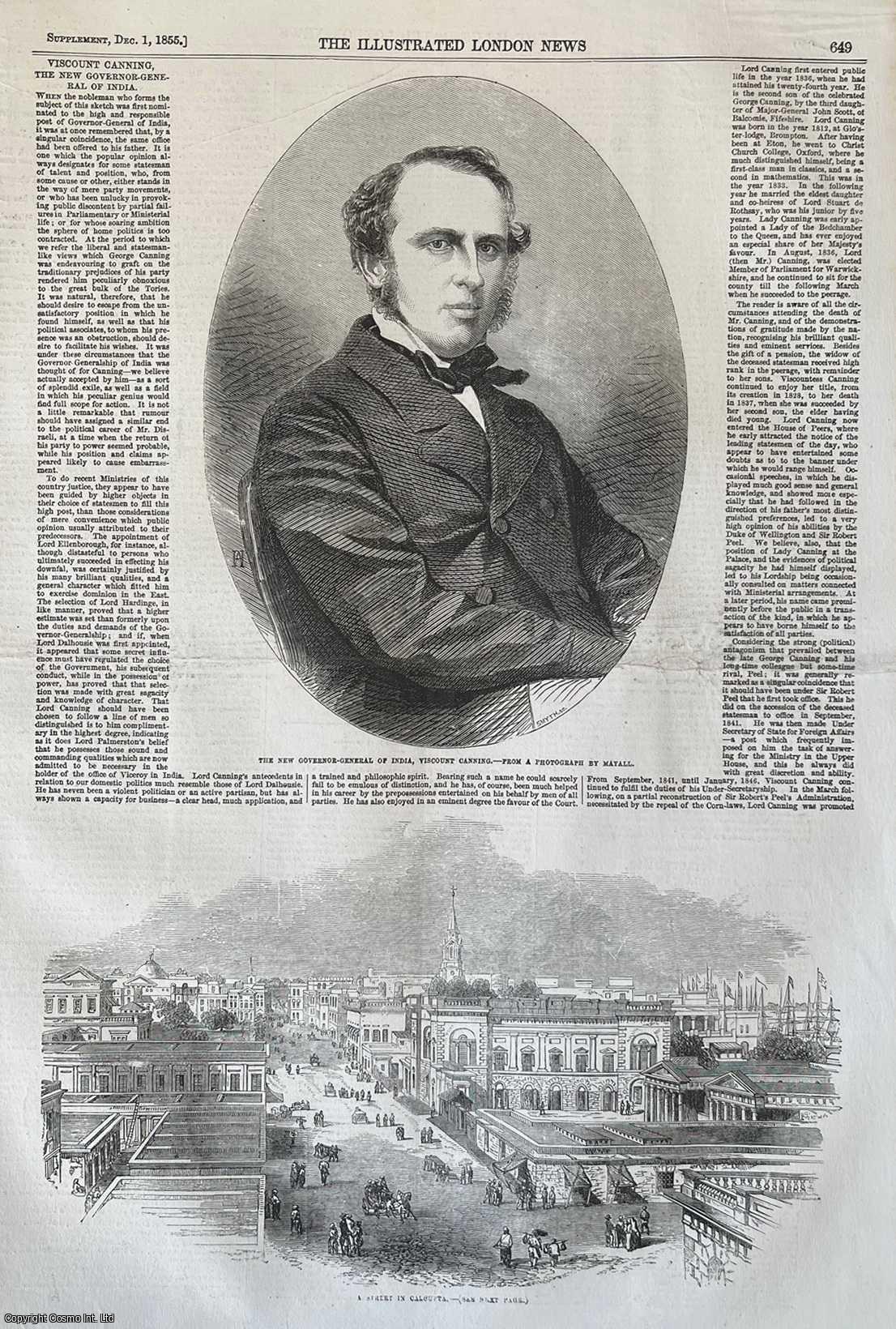 FROM A PHOTOGRAPH BY MAYALL - Viscount Canning; the New Governor General of India. An original print from the Illustrated London News, 1855.
