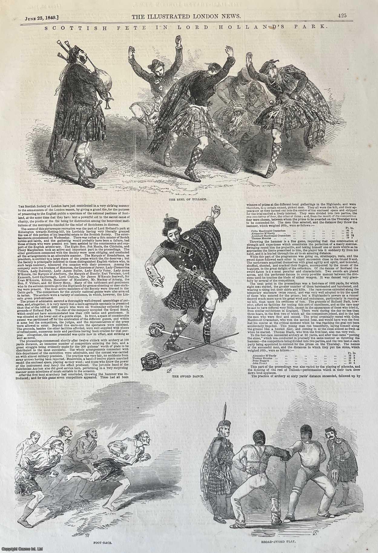 SCOTTISH SOCIETY OF LONDON - Scottish Society Of London Fete in Lord Holland's Park, London. An original print from the Illustrated London News, 1849.