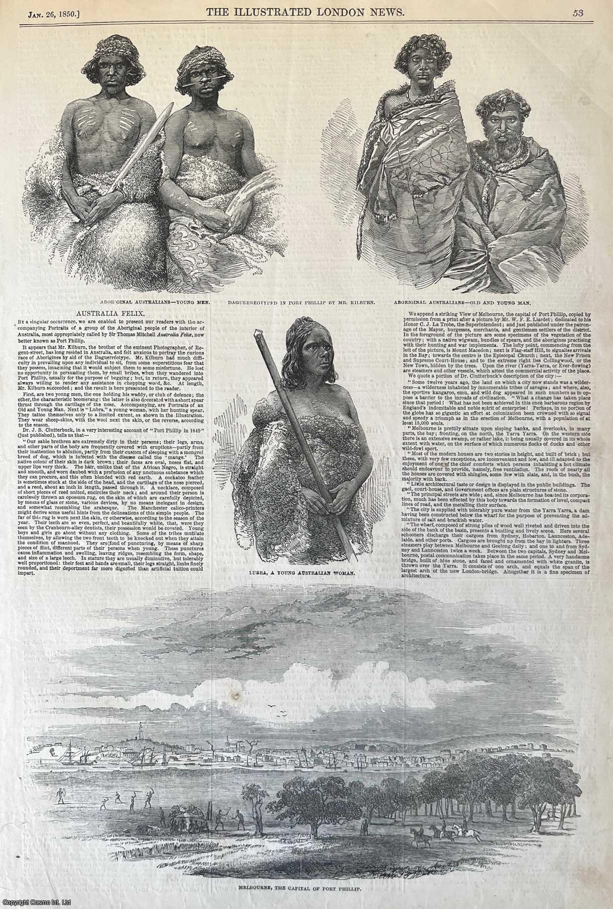 AUSTRALIA - Aboriginal Australians from Australia Felix, now Port Phillip and a view of Melbourne. An original print from the Illustrated London News, 1850.