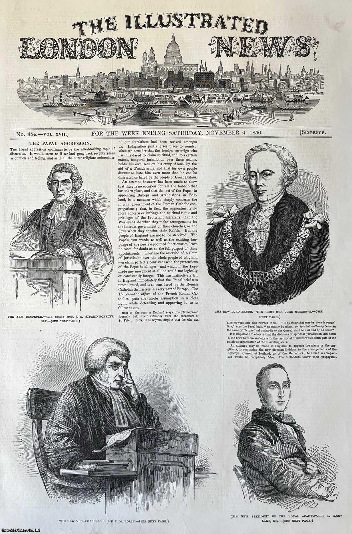 PAPACY - The Papal Aggression and four portraits of recent appointees to prominent positions. An original print from the Illustrated London News, 1850.