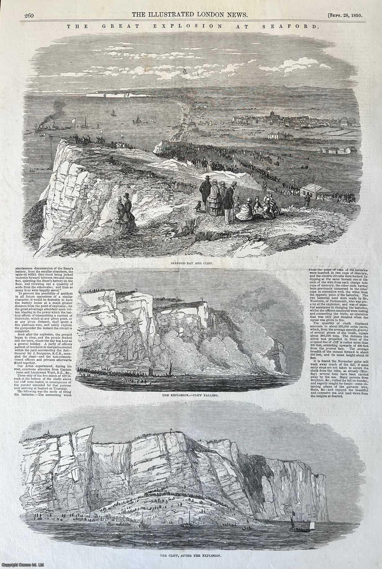 CINQUE PORTS - The Great Explosion at Seaford, Chalk Blasting the Cliff. An original print from the Illustrated London News, 1850.