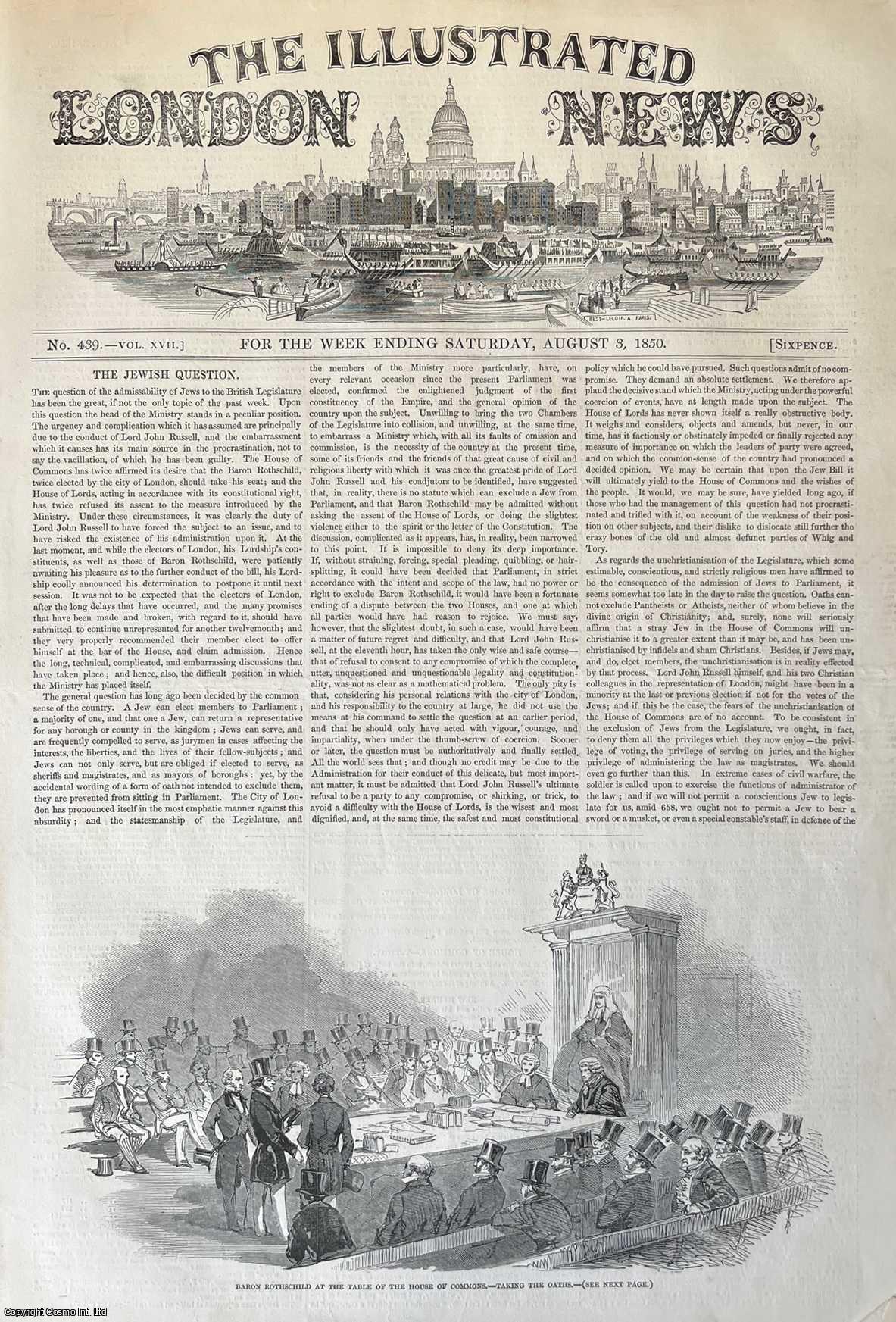 JEWRY - The Jewish Question, with an illustration of Baron Rothschild at the Table of the House of Commons. An Illustrated London News front page with masthead. An original print from the Illustrated London News, 1850.