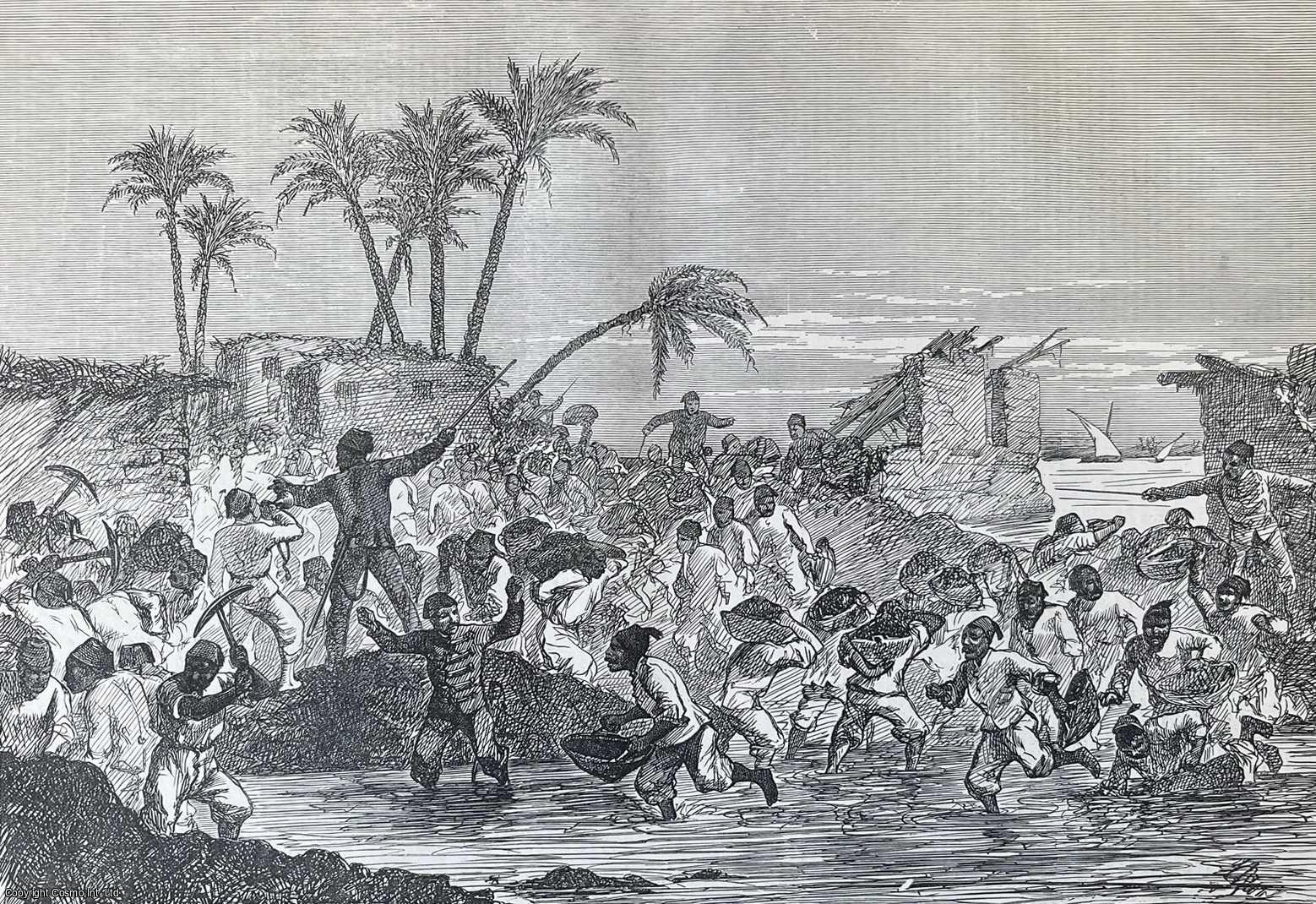 NILE EXPEDITION - Inundation of the Nile: Egyptian Soldiers Repairing a Breach. An original print from the Illustrated London News, 1874.
