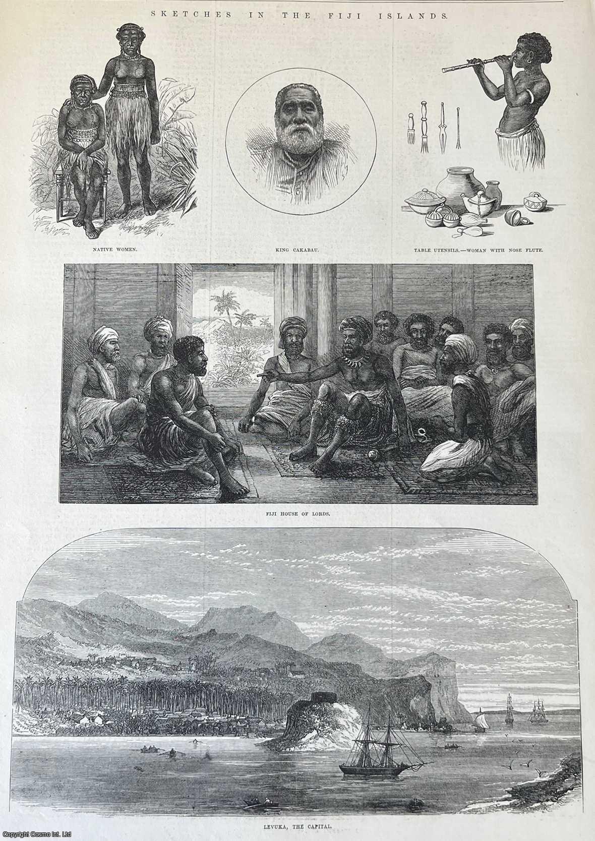FIJI - Sketches in the Fiji Islands. An original print from the Illustrated London News, 1873.