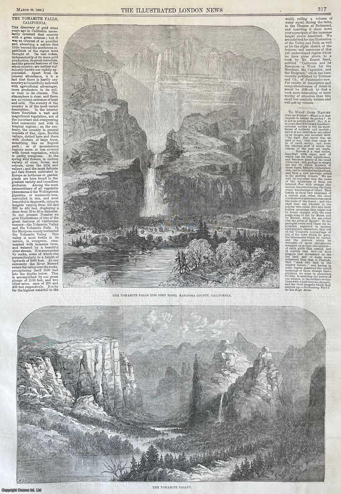 CALIFORNIA - The Yohamite Falls, California. An original print from the Illustrated London News, 1859.