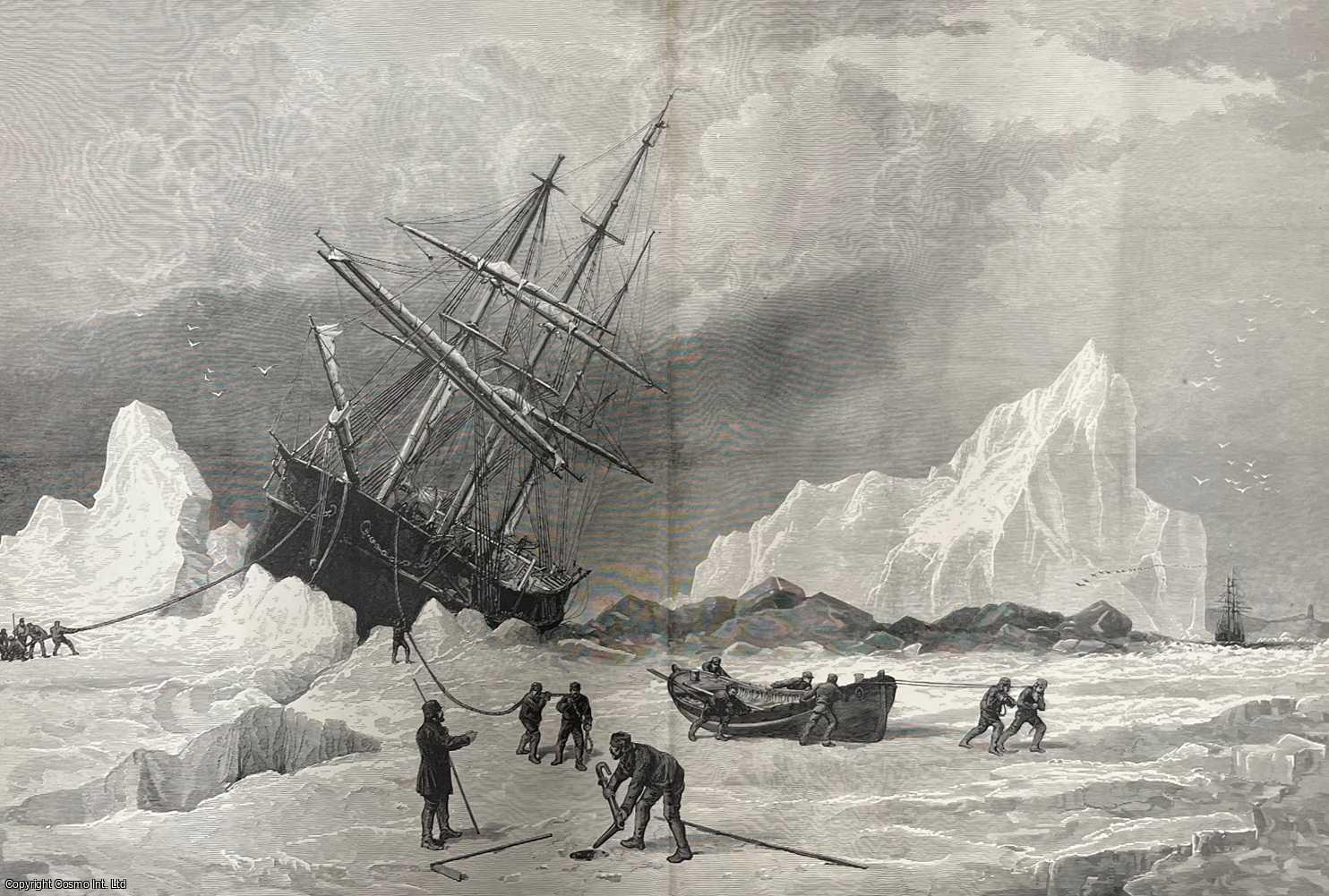 ARCTIC EXPEDITION - A ship caught in a 'Nip' of the ice in Melville Bay, Greenland, off the Devil's Thumb, drawn by Walter May. An original woodcut engraving, with separate short accompanying article from the Illustrated London News, 1875.