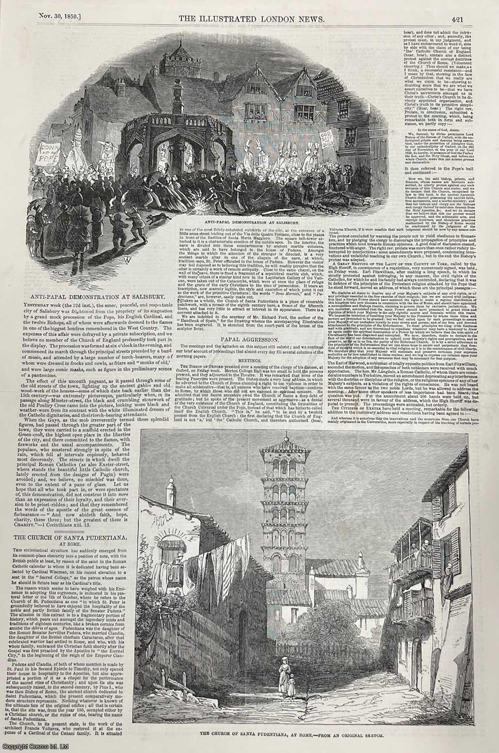 ANTI-CATHOLICISM - Anti-Papist Demonstrations and Riots against Papal Aggression, with responses from across the Country. A collection of original woodcut engravings, with accompanying text from the Illustrated London News, 1850.