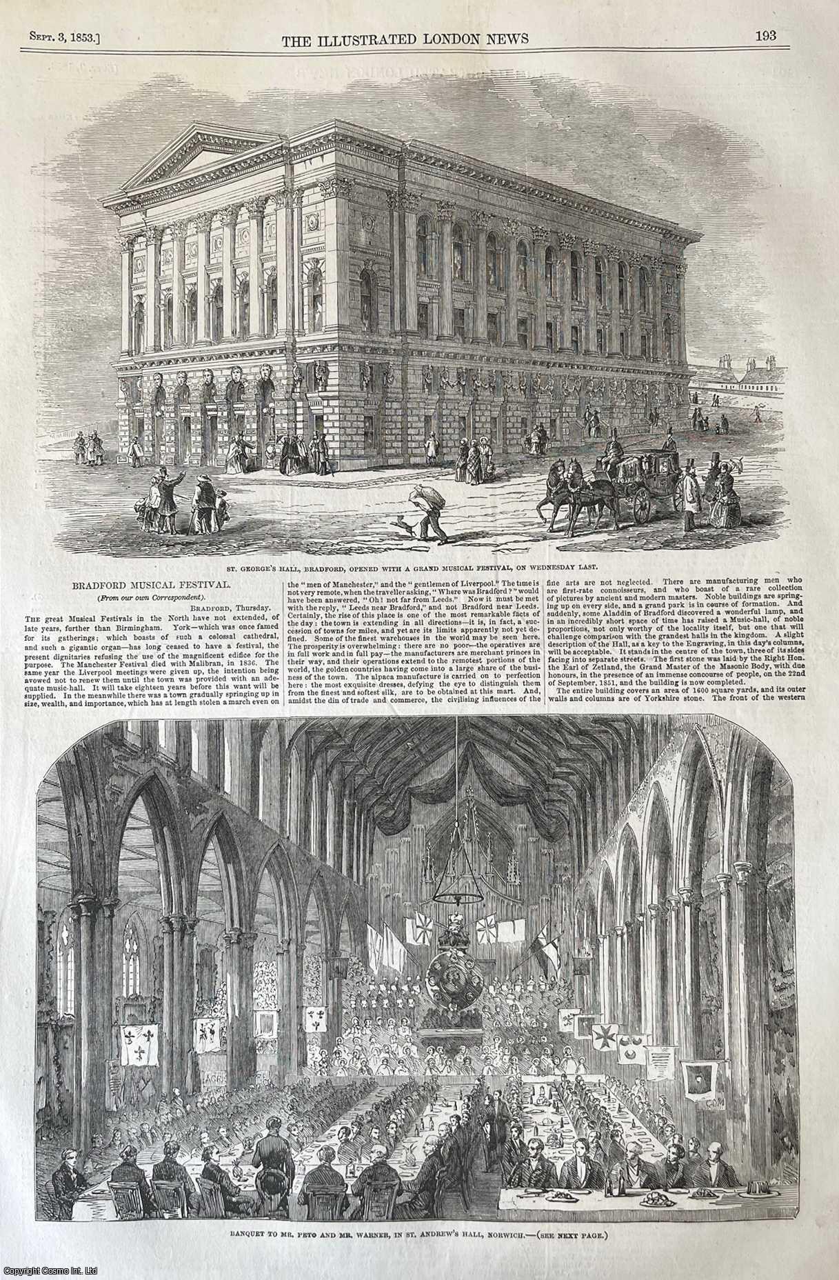BRADFORD - St George's Hall Bradford; Opening Musical Festival. An original woodcut engraving, with brief accompanying text continuing overleaf, from the Illustrated London News, 1853.