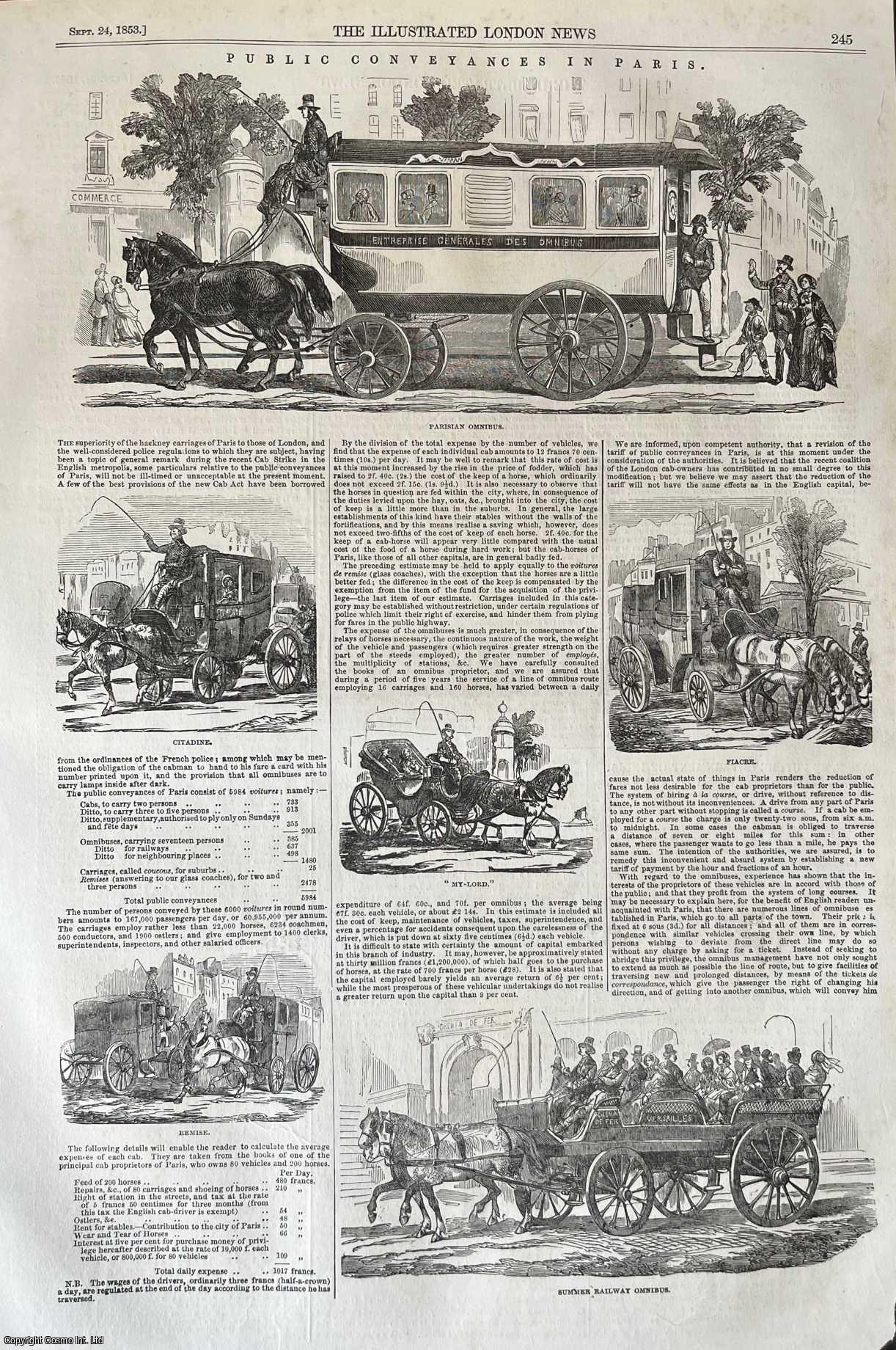 PARIS - Public Conveyances, Paris. A collection of woodcut engravings, with brief accompanying text continuing overleaf, from the Illustrated London News, 1853.