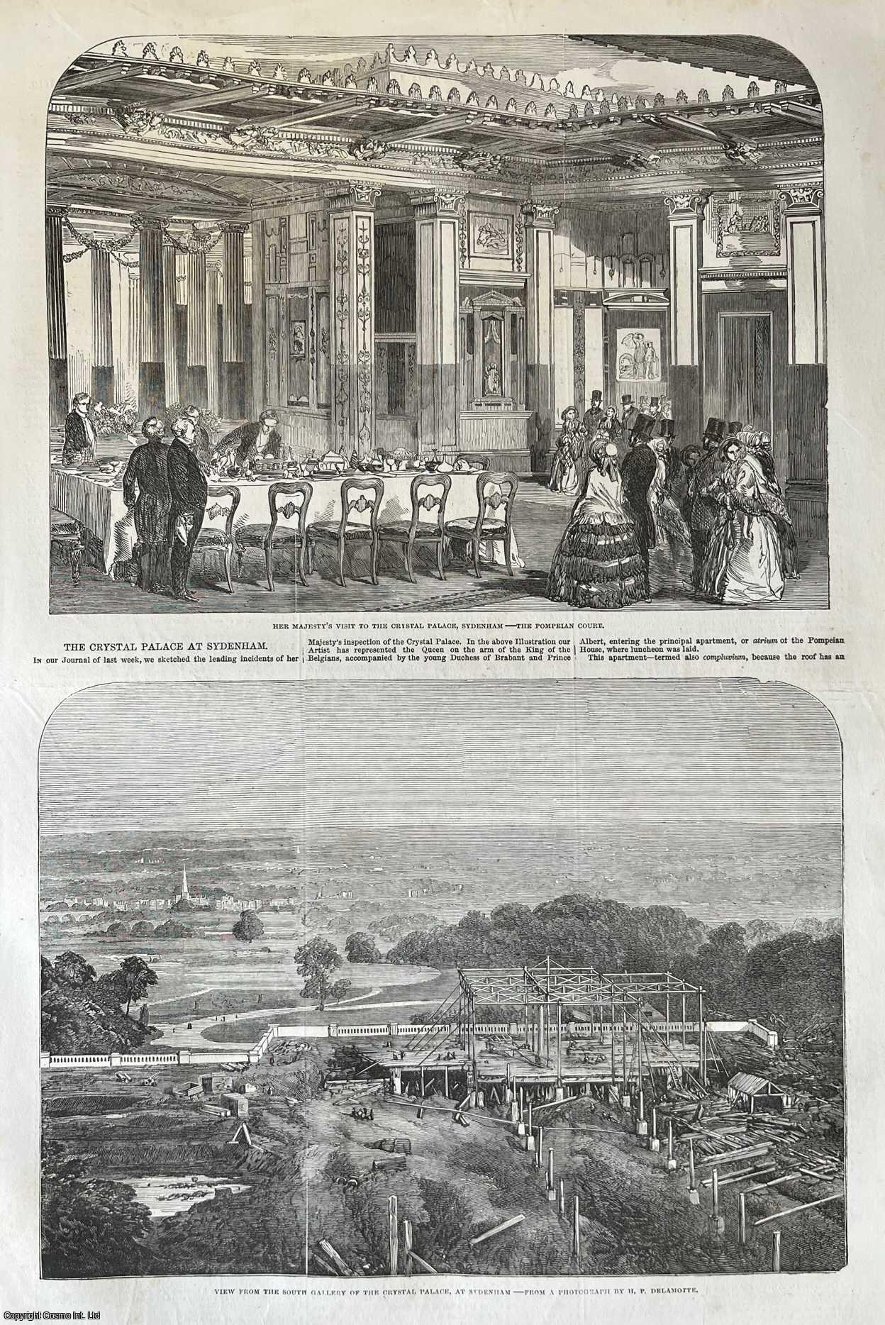CRYSTAL PALACE - The Crystal Palace at Sydenham. Two original woodcut engravings, with brief accompanying text continuing overleaf, from the Illustrated London News, 1853.