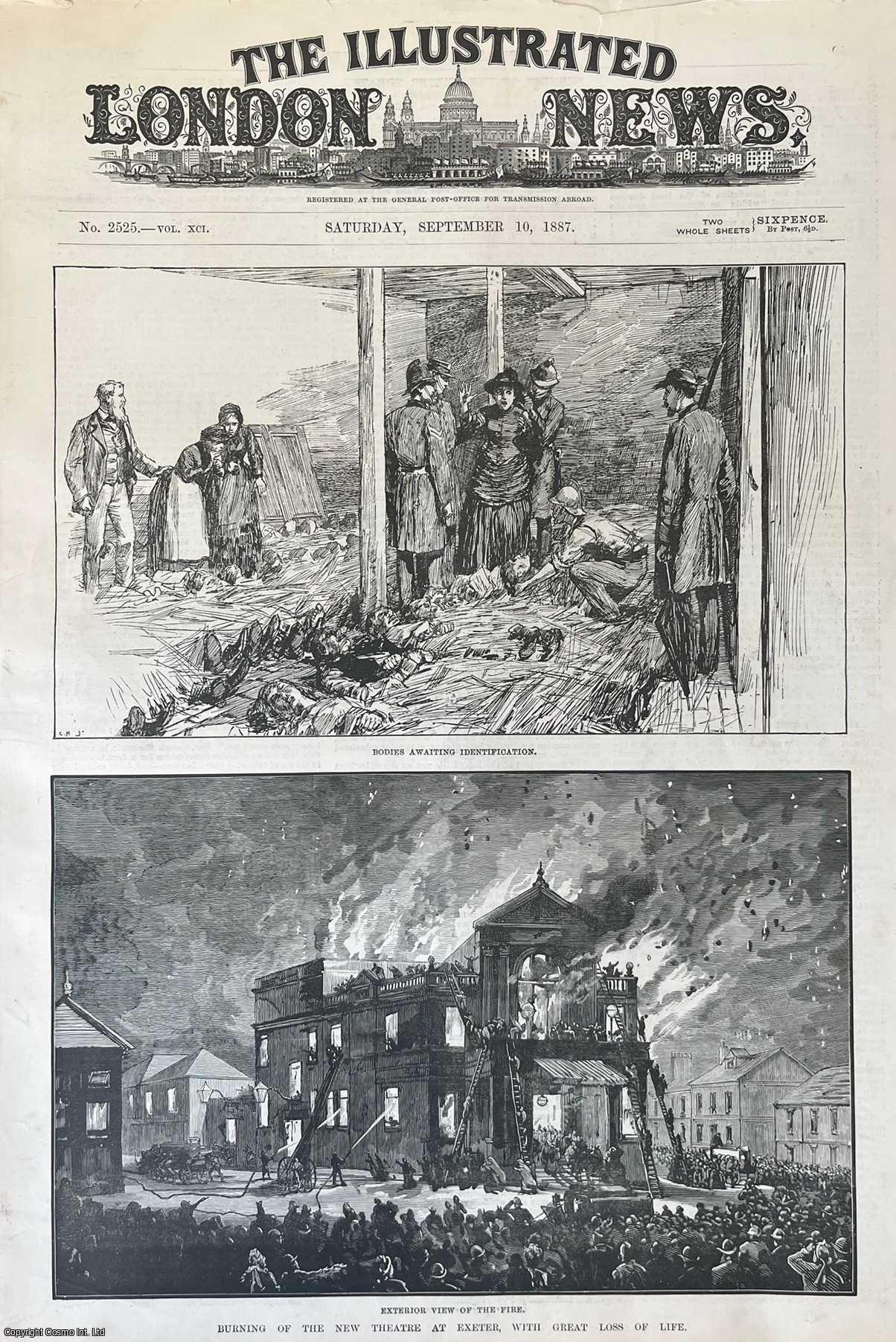 EXETER - Burning of the New Theatre at Exeter, with Great Loss of Life. A collection of woodcut engravings, with brief accompanying text continuing overleaf, from the Illustrated London News, 1887.