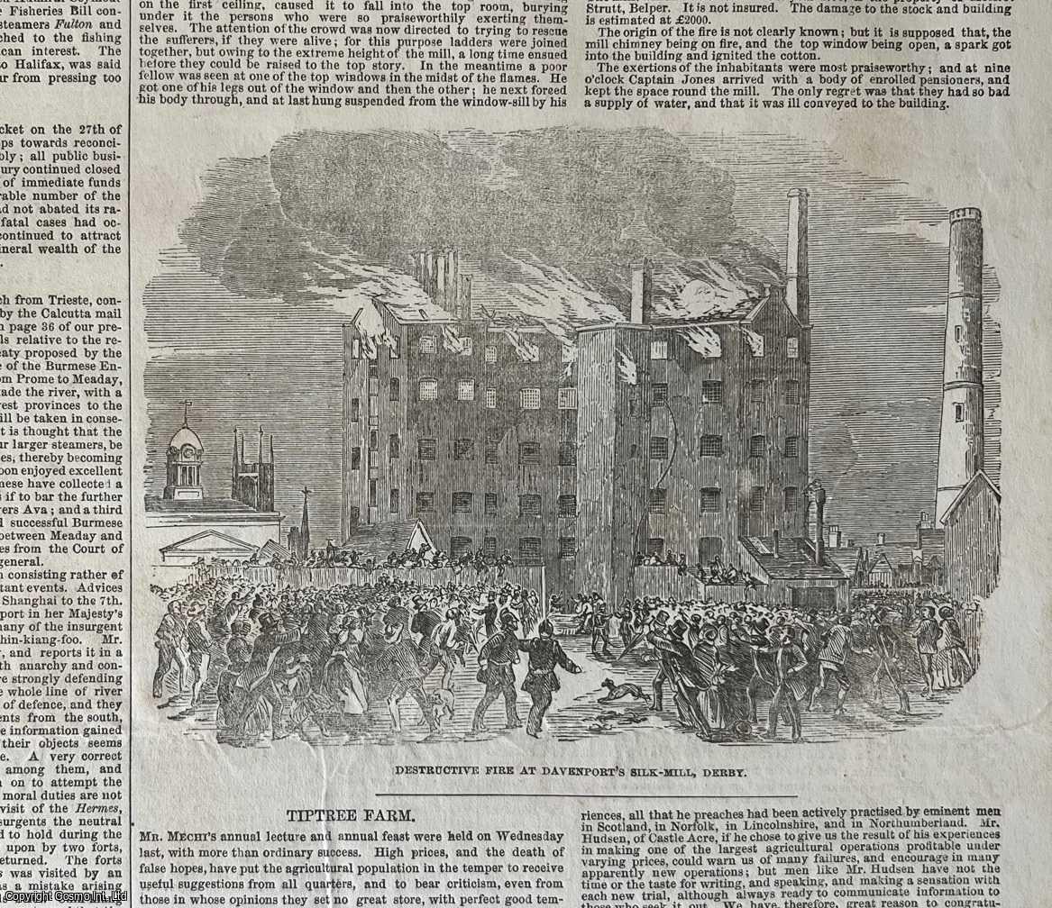 DERBY - Destructive Fire at Davenport's Silk Mill, Derby. An original woodcut engraving, with brief accompanying text, from the Illustrated London News, 1853.