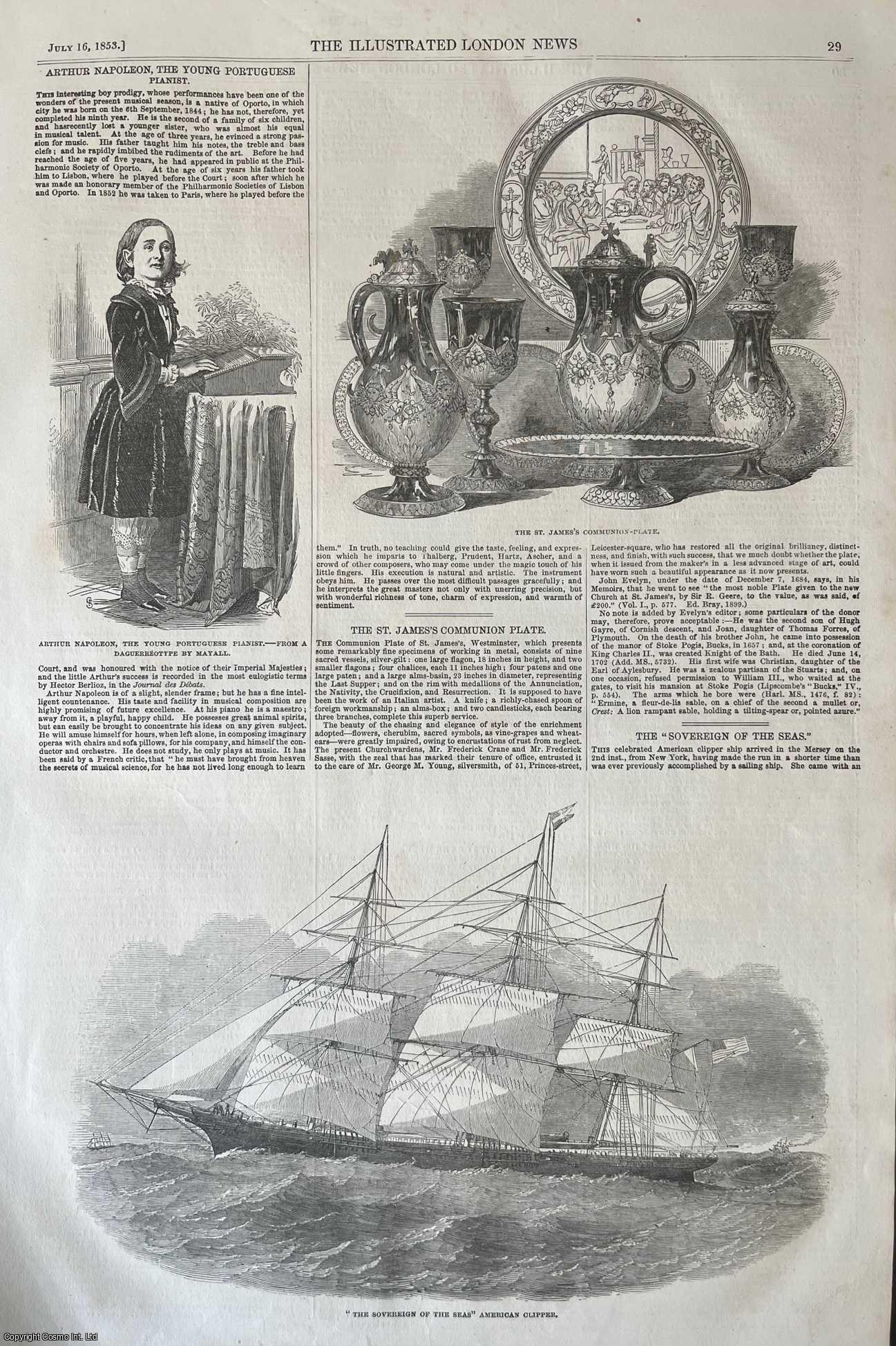 ARTHUR NAPOLEON - Arthur Napoleon, the Young Portuguese Pianist. An original woodcut engraving, with brief accompanying text, from the Illustrated London News, 1853.