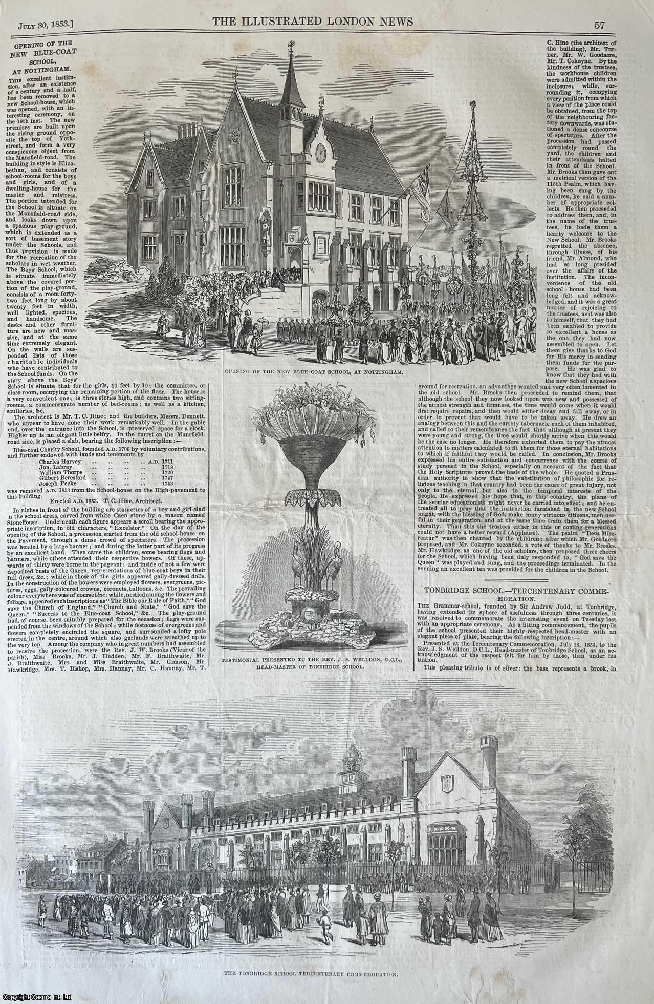 NOTTINGHAM - The Opening of the Blue Coat School at Nottingham. An original woodcut engraving, with brief accompanying text, from the Illustrated London News, 1853.