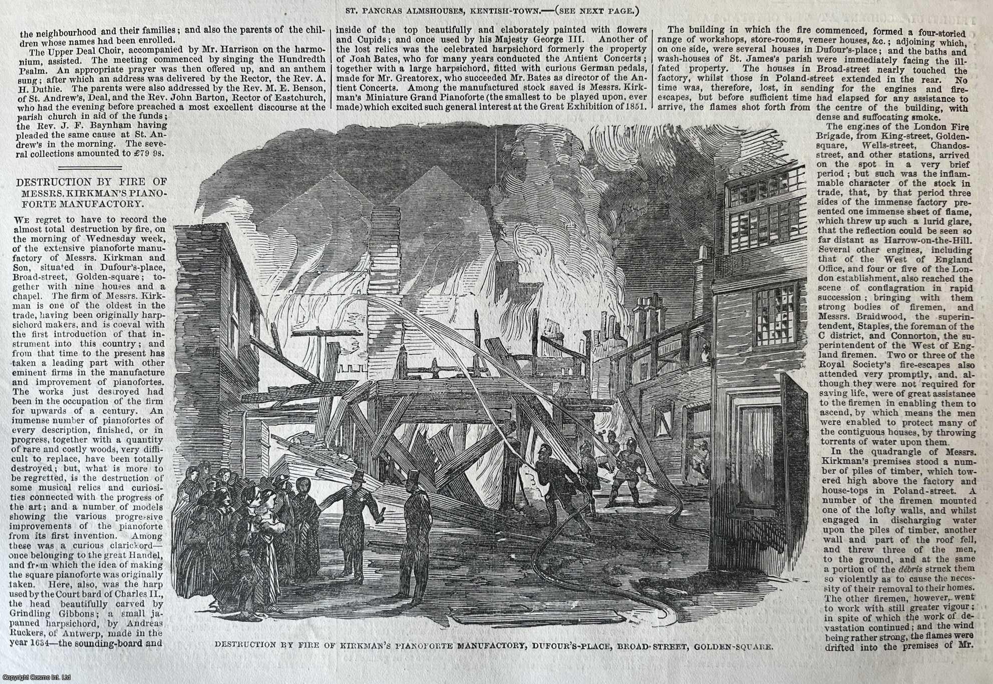 MANUFACTURING - Destruction by Fire of Kirkman's Pianoforte Manufactory, Dufours Place, Broad Street, Golden Square, London. An original woodcut engraving, with brief accompanying text continuing overleaf, from the Illustrated London News, 1853.