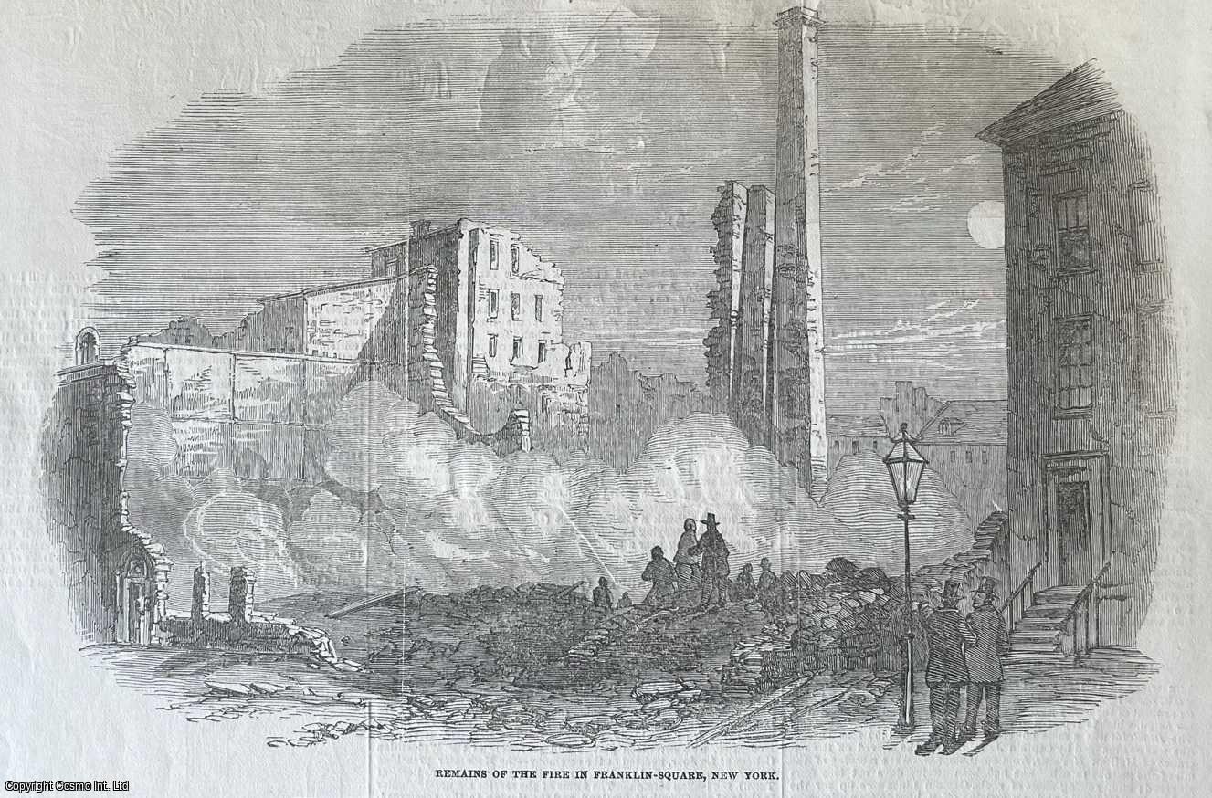NEW YORK, FIRE - Great Fire at Harper Brothers Publishers, Franklin Square, New York. An original woodcut engraving, with brief accompanying text, from the Illustrated London News, 1853.