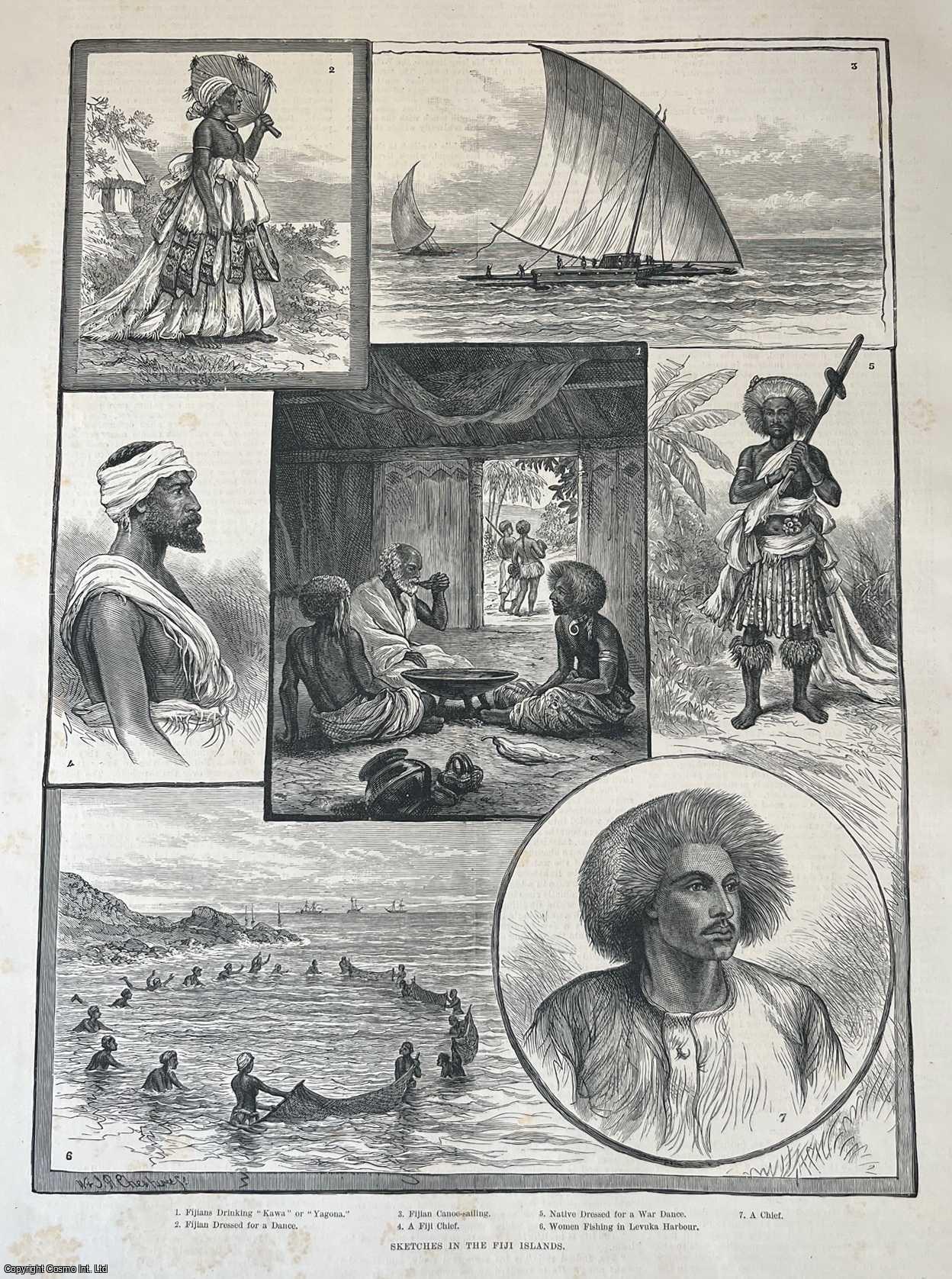 FIJI - Sketches in the Fiji Islands. A collection of original woodcut engravings, with brief accompanying text overleaf, from the Illustrated London News, 1887.