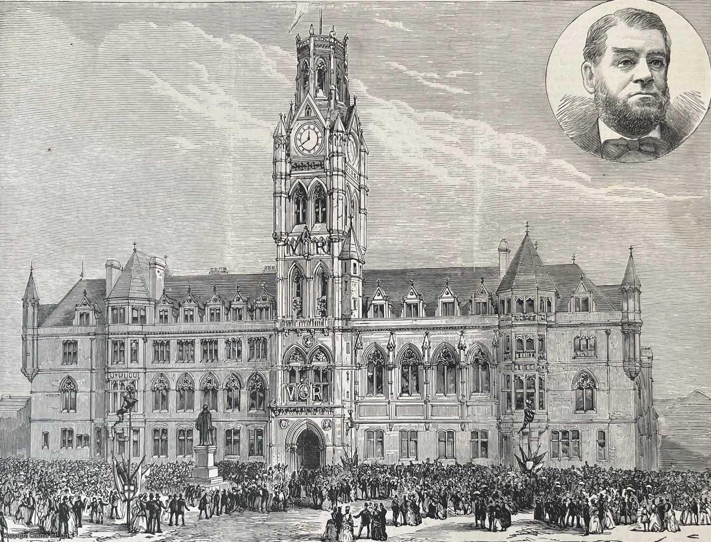 BARROW-IN-FURNESS - The New Town Hall at Barrow-in-Furness, North Lancashire. An original woodcut engraving, from the Illustrated London News, 1887.